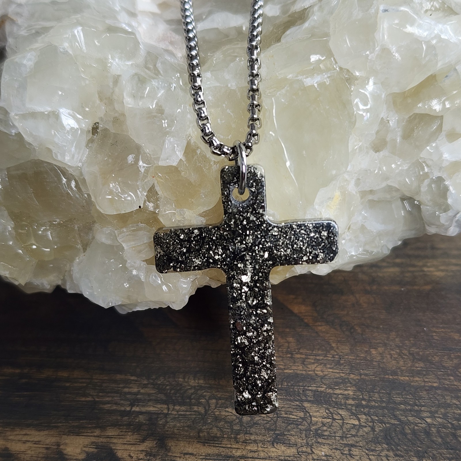 Handmade Pyrite Cross Pendant Necklace Resin Cross 50cm Stainless Steel Chain