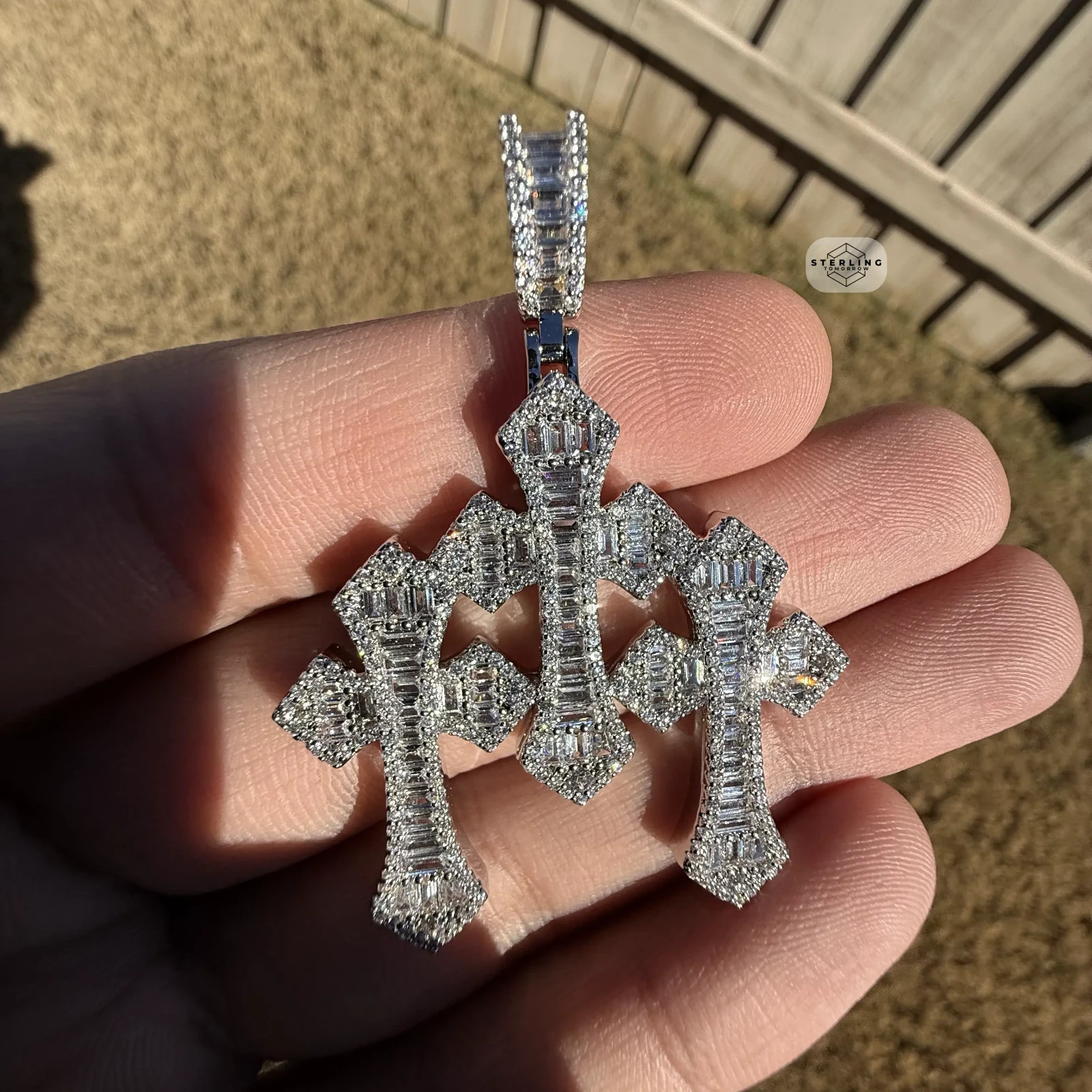 Triple Cross Baguette 14k White Gold Plated Iced Pendant + Steel Rope Chain
