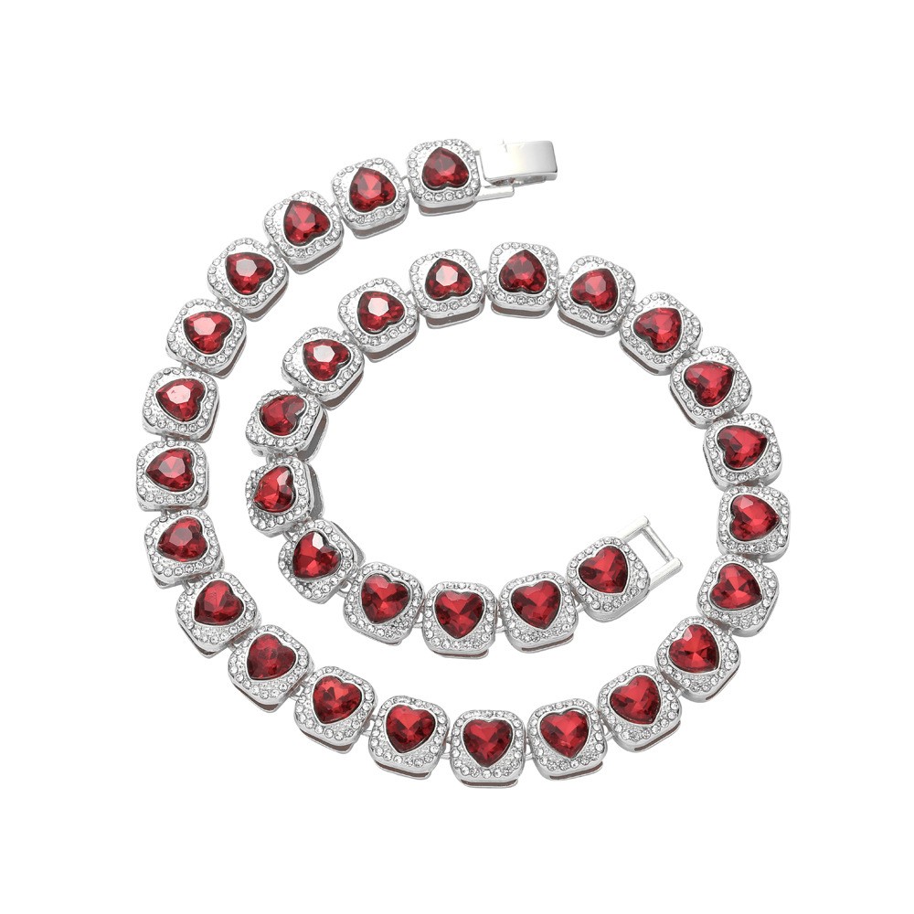 Red Heart Halo Tennis Chain Stainless Steel zirconia stone unisex Love Necklace