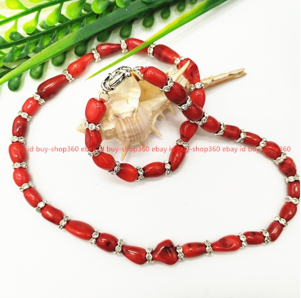New Natural 8-12 Millimeter Red Coral Gemstone Oval Pearl Necklace 16-36 Inches