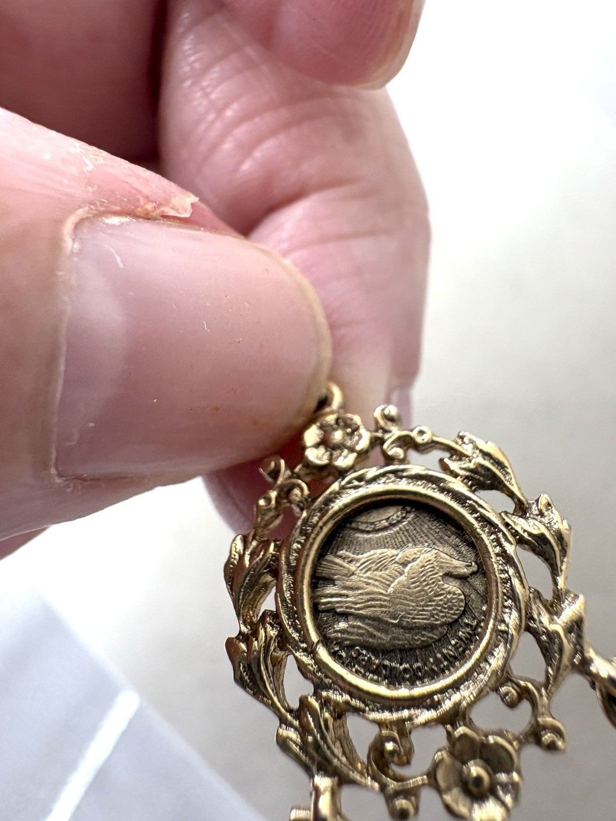 Gold Tone Tiny Charm Pendant Necklace Faux Liberty Coin Heart Key&Locket By 1928
