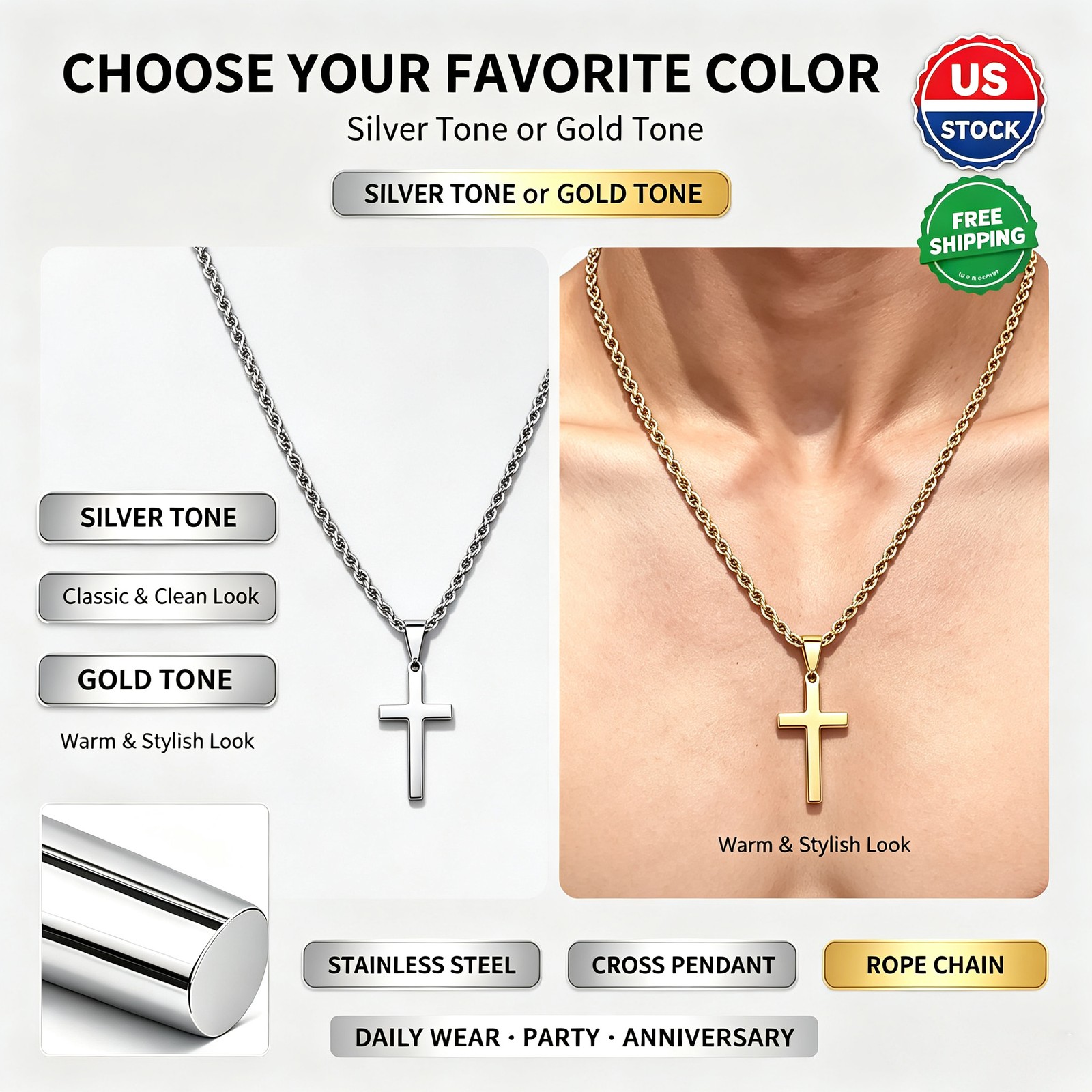 Men’s Cross Pendant Necklace Simple Rope Chain Hip Hop Jewelry Gift