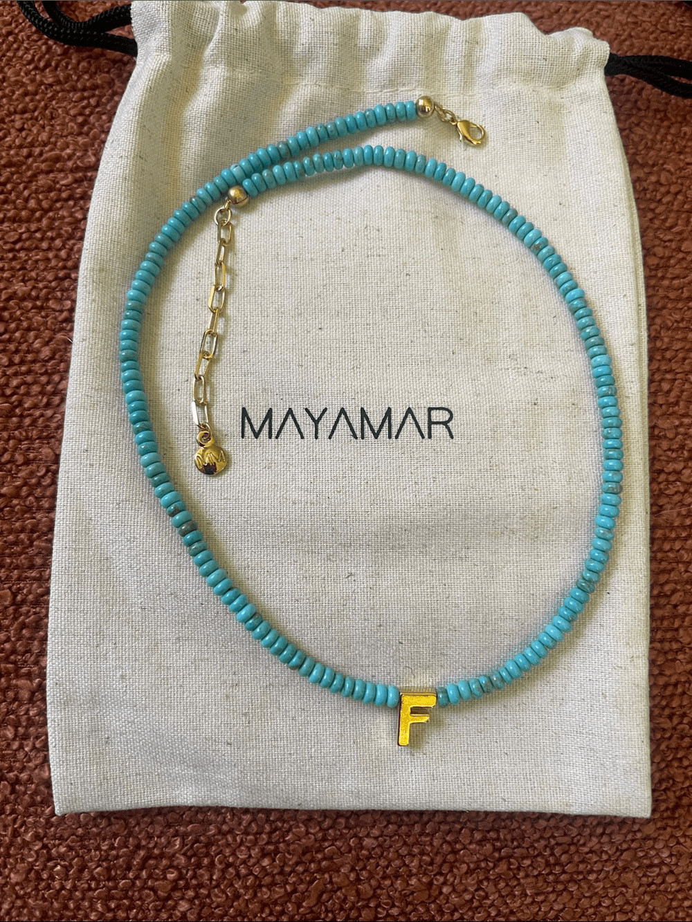 F – Initial Turquoise Beaded Necklace by Mayamar