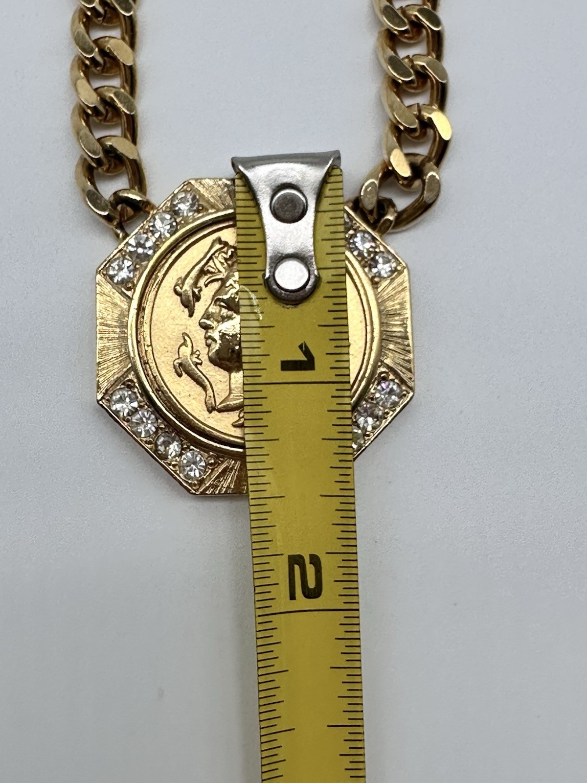 Gold Tone Miami Curb Chain/Crystal Accents/Roman French Emp. Faux Coin Pendant