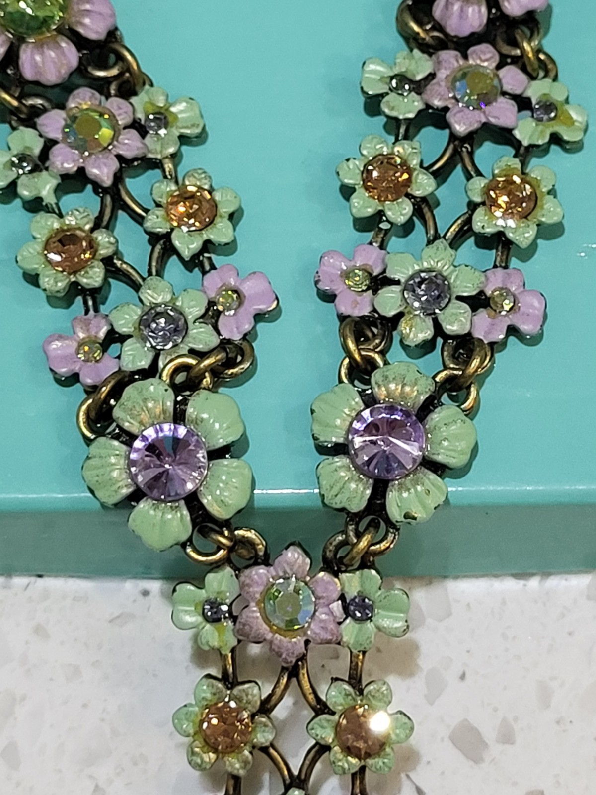 Vtg necklace, earring set Michael Morrison signed MX floral enamel with crystals