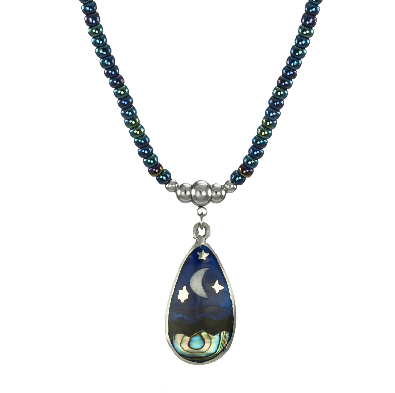 Celestial Abalone Moon & Star Teardrop Iris Blue Glass Handmad Beaded Necklace