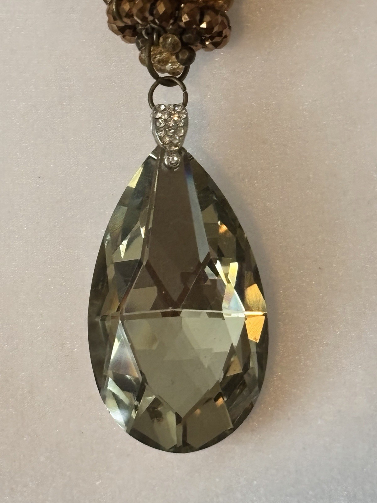 Smoky Crystal Teardrop Pendant Brown Bronze Multi Strand Necklace 18”