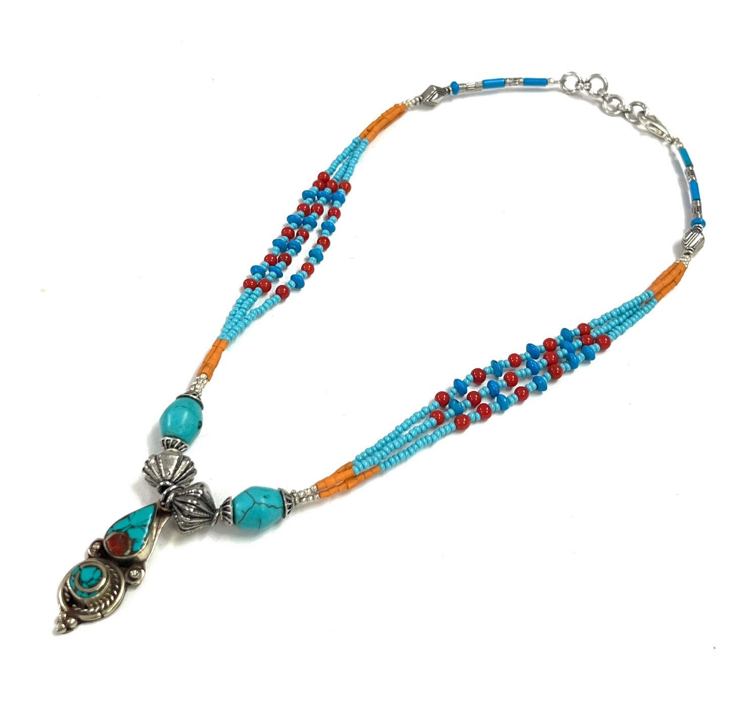 Handcrafted Turquoise Coral Gemstone Tibetan Necklace Jewelry, 17 inch Adjus
