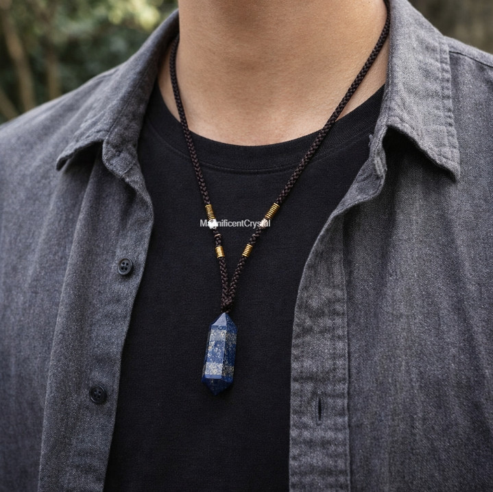 Natural Lapis Lazuli Hexagon Point Pendant Spiritual Healing Amulet Necklace