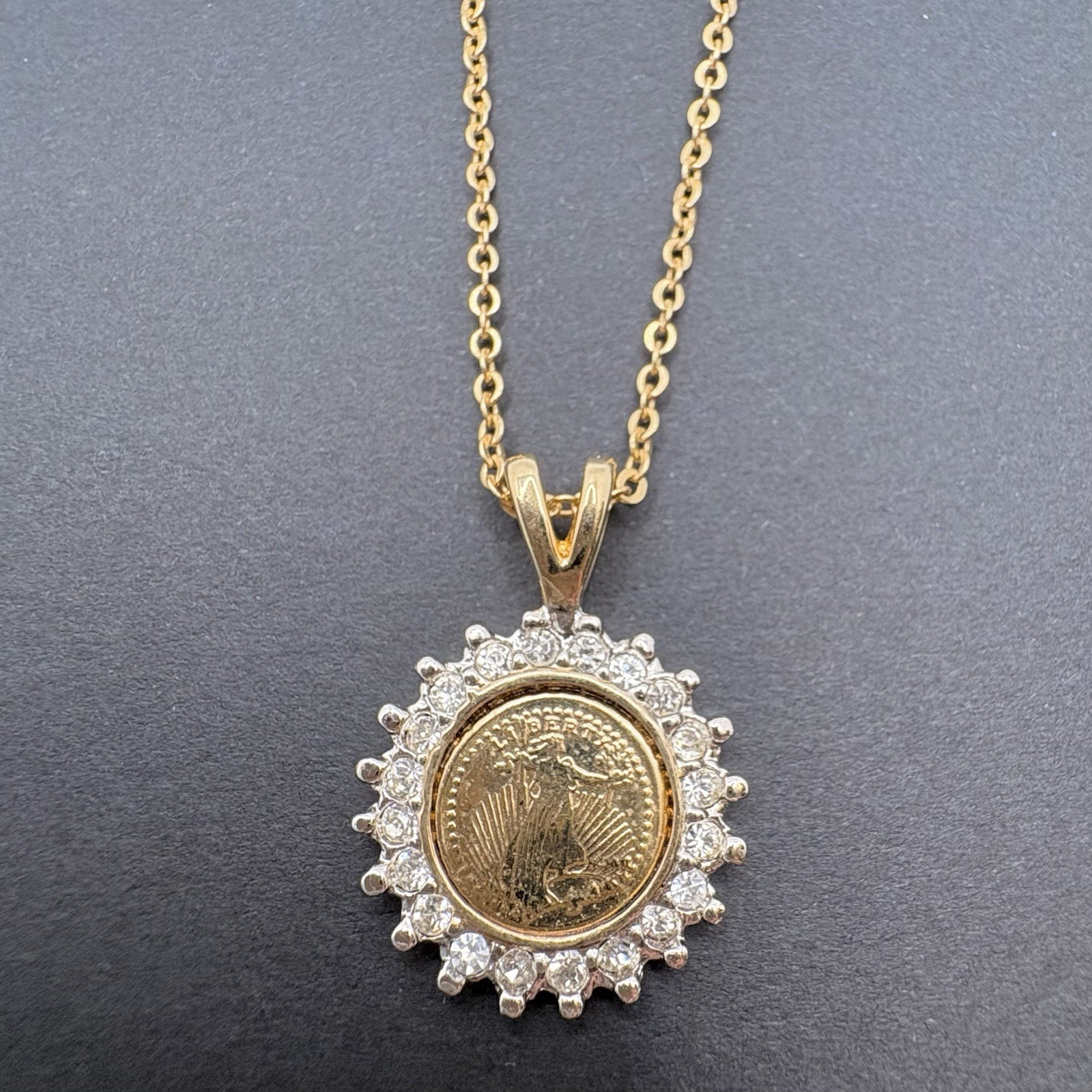Vintage Lady Liberty Mini Coin Pendant Necklace Pavé Crystals Accent Gold Tone