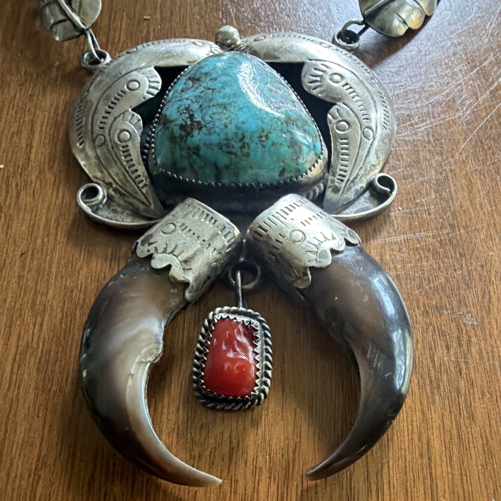 Turquoise & Coral Claw Charm Pendant Necklace, Silver Statement, Signed