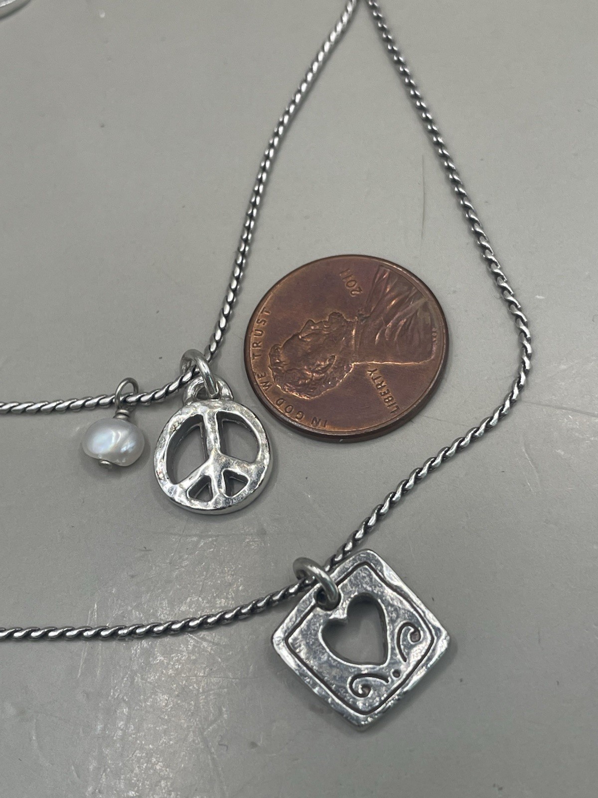 Brighton LOVE & PEACE Silver Plated Heart Pearl Peace Signs Pendant Necklace