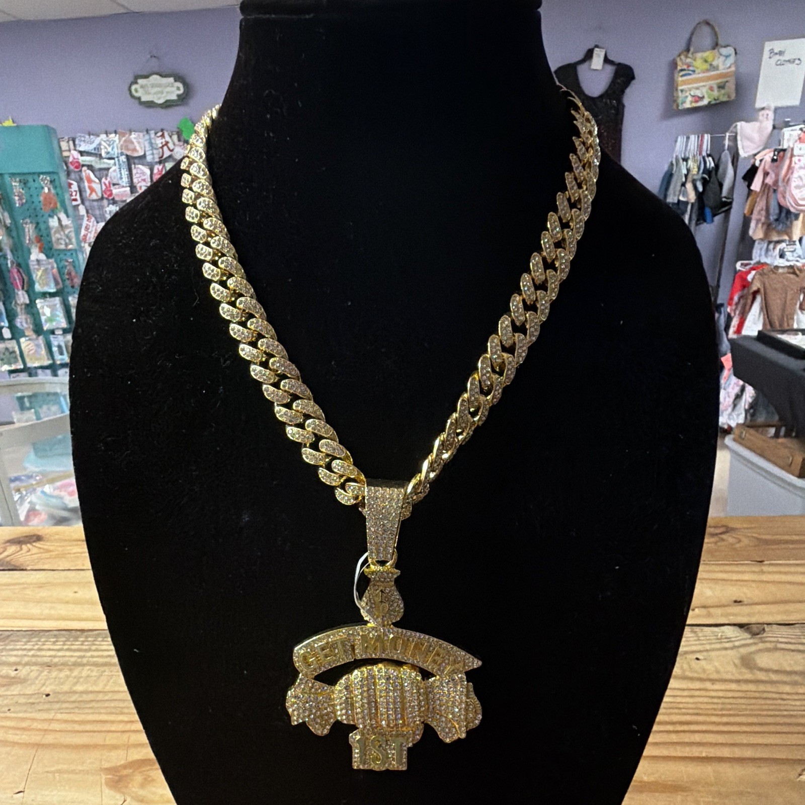Gold Tone “GET MONEY 1ST” Iced Out Pendant Necklace, Pavé Curb Link Chain