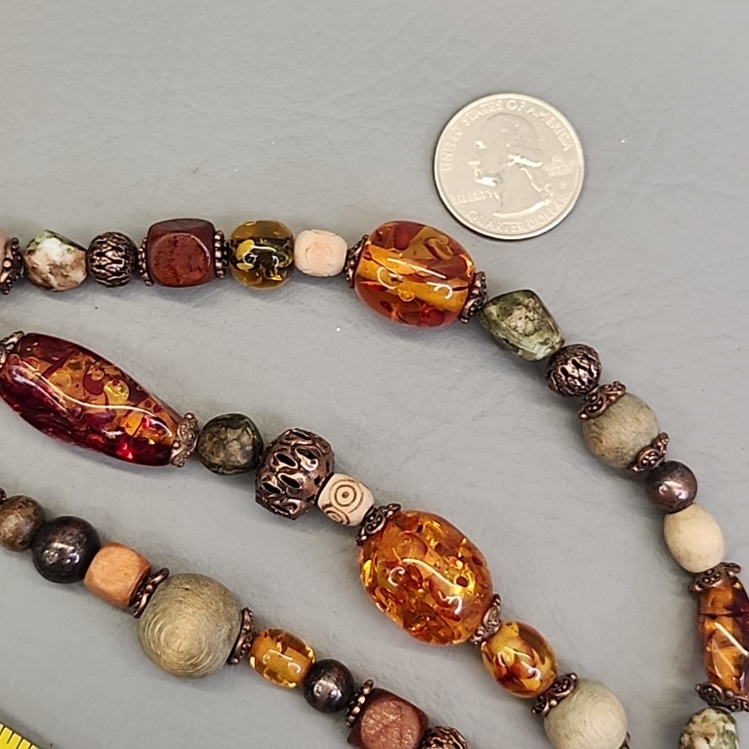 Beaded Necklace Roman Jewelry Copal Wood Beads Triple Layered 16-18″