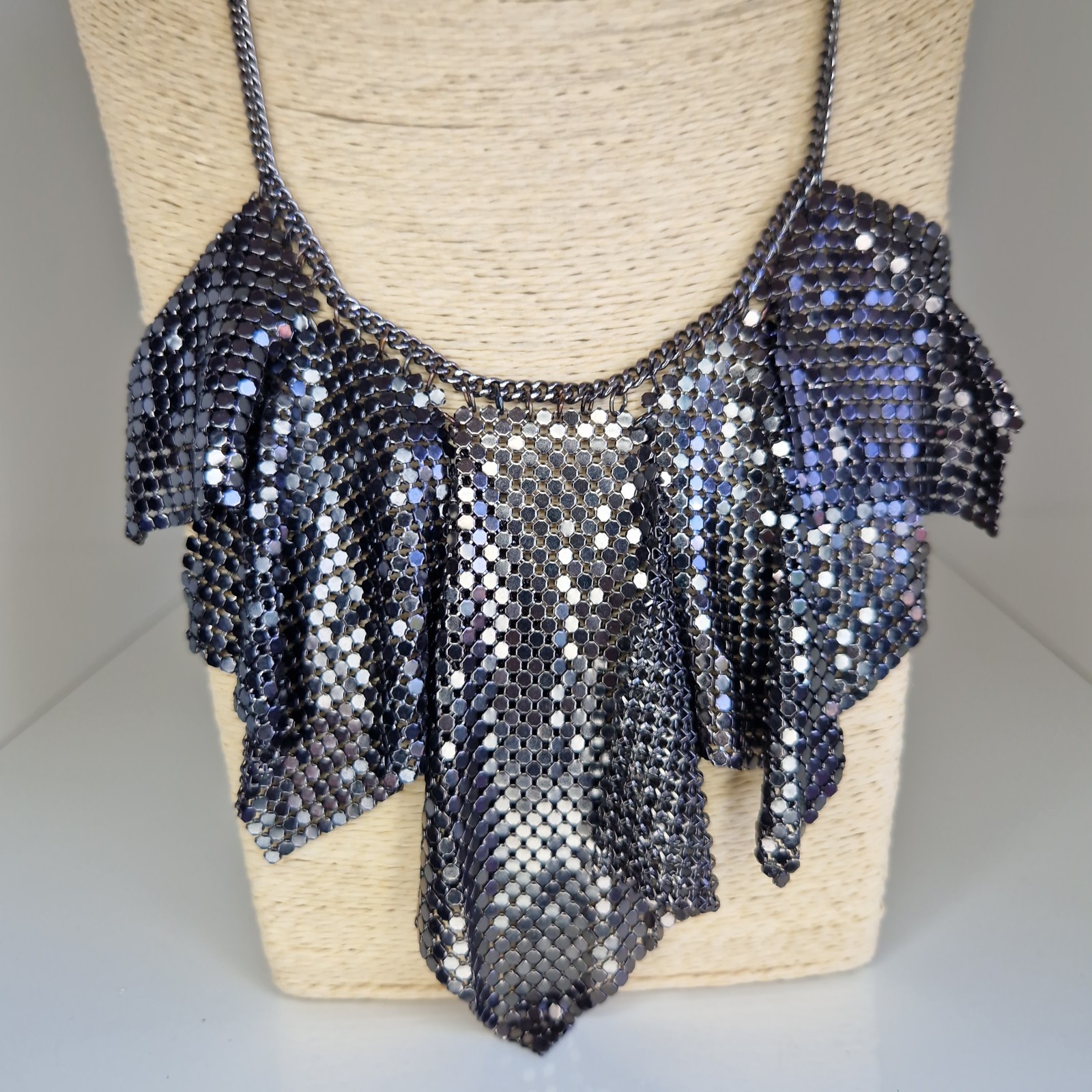 Chainmail Long Necklace Gunmetal Grey Statement Vintage Style Articulated 60cm