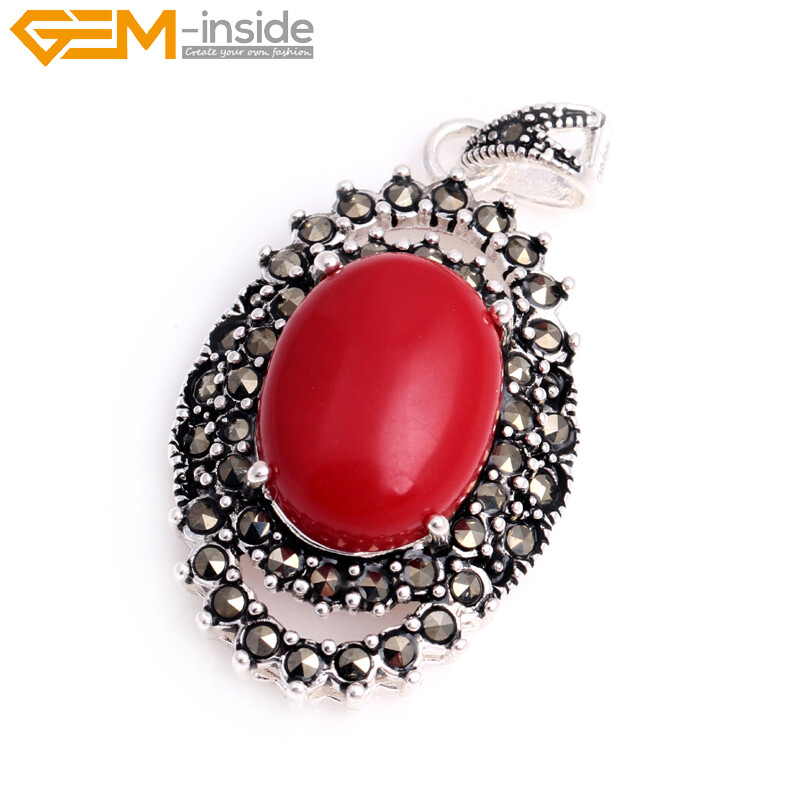 Oval Marcasite Tibetan Silver Crystal Coral jade Jewelry Pendant Necklace Dyed
