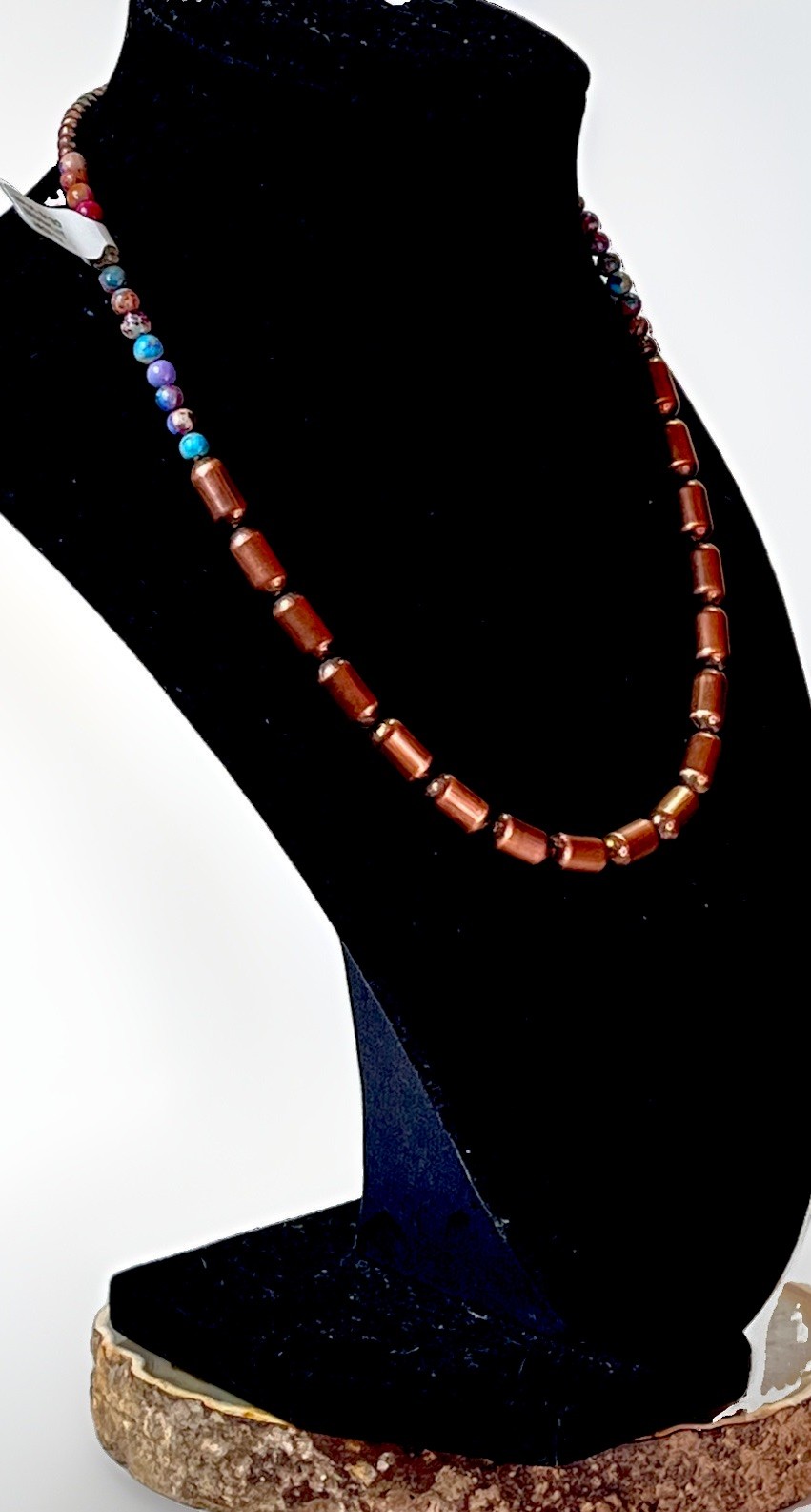 Sea Sediment Jasper Beaded Copper Barrel Bead Necklace Round Multicolor- 15 in