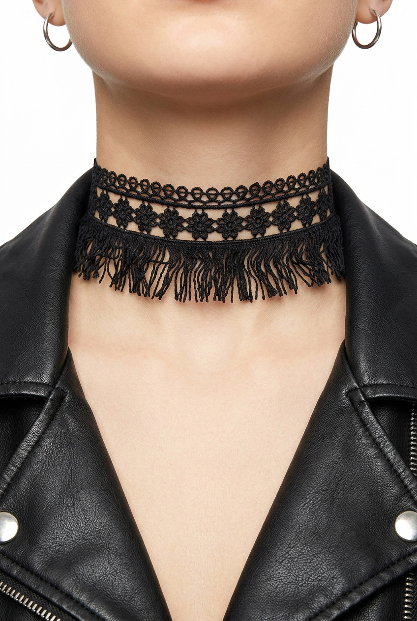 Women Tassel Strand Fringes Cool Style Fashion Black Fabric Choker Necklace