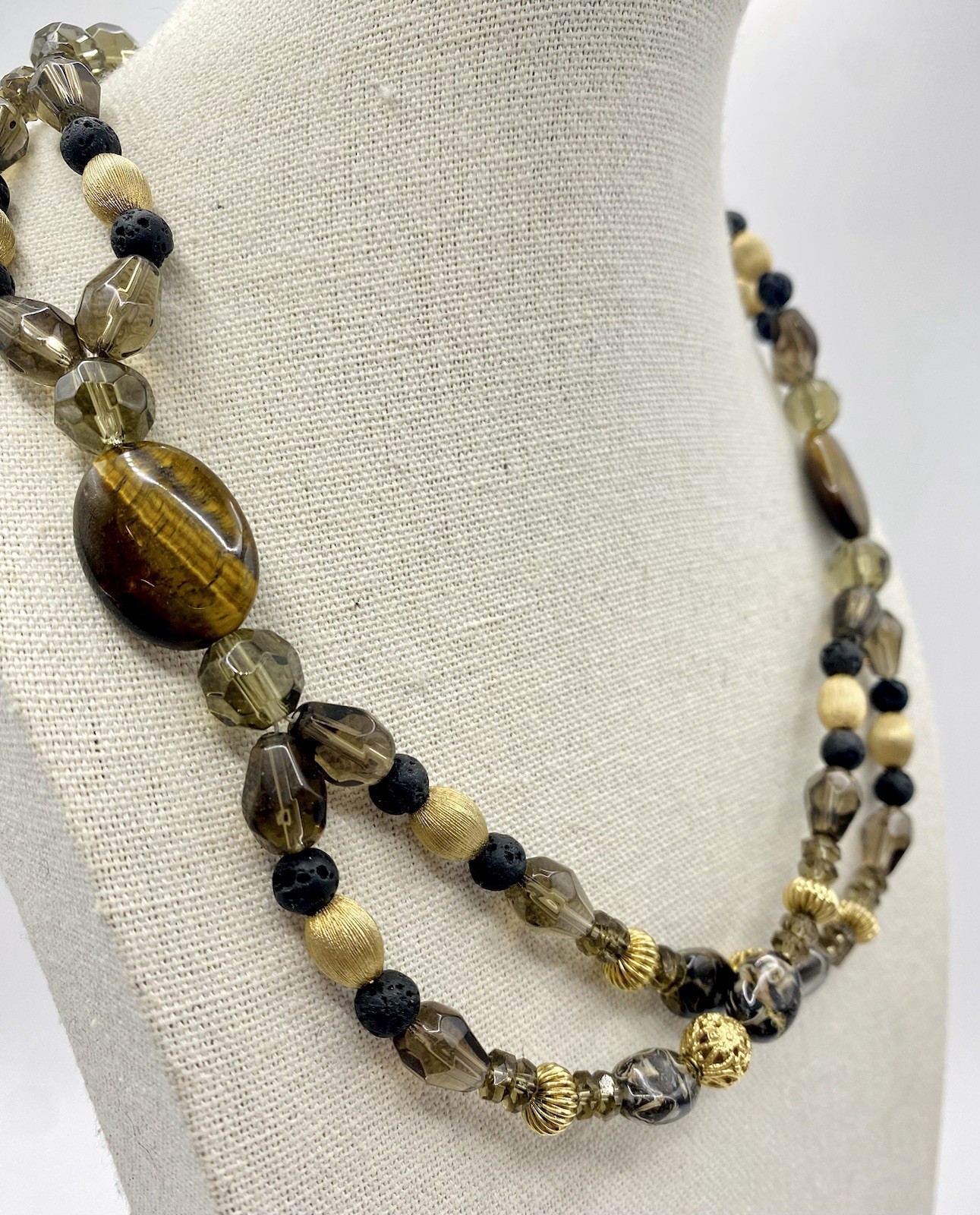 Vintage Double Strand Tiger Eye Lava Rock Agate Brown Necklace Gold Tone Beads