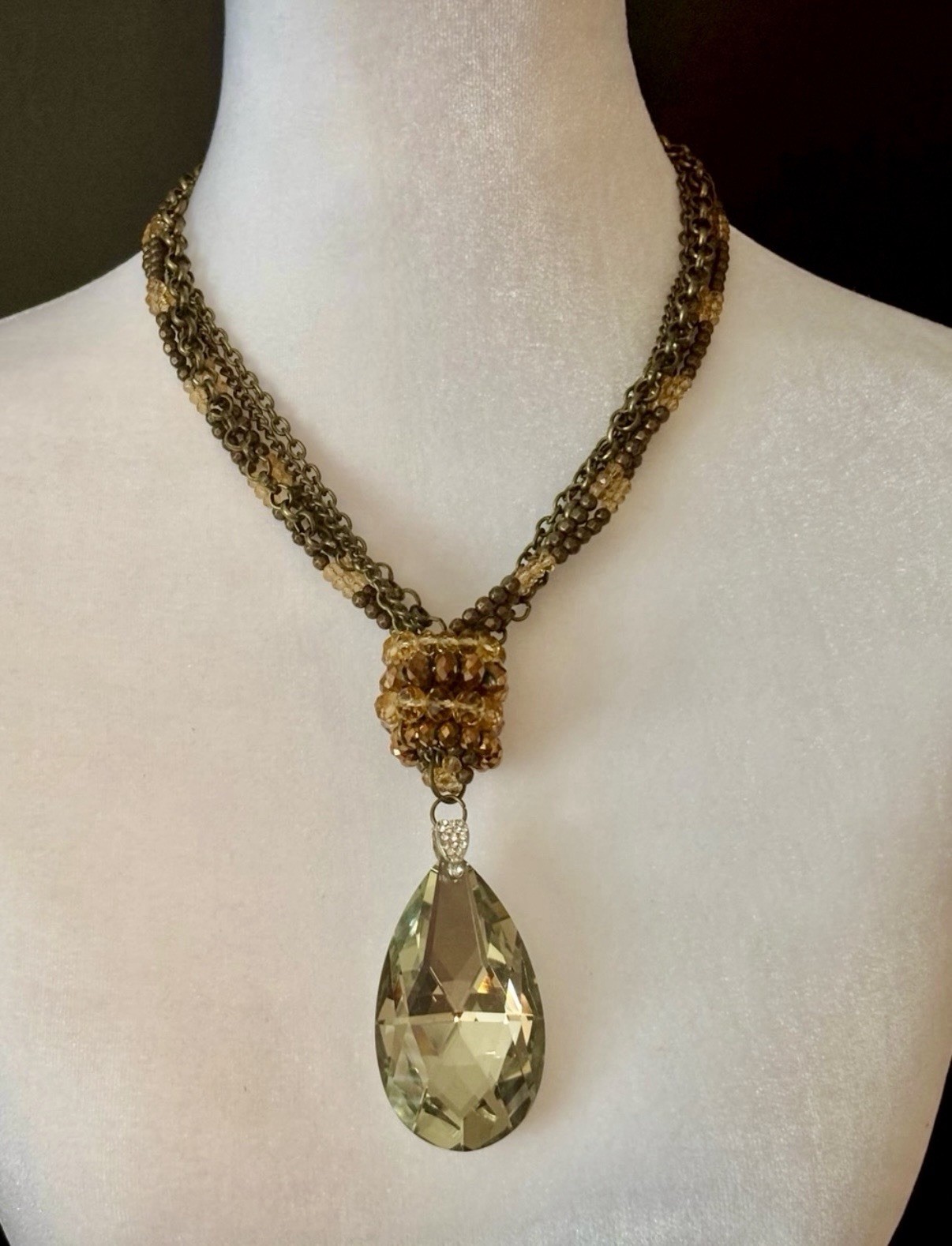 Smoky Crystal Teardrop Pendant Brown Bronze Multi Strand Necklace 18”