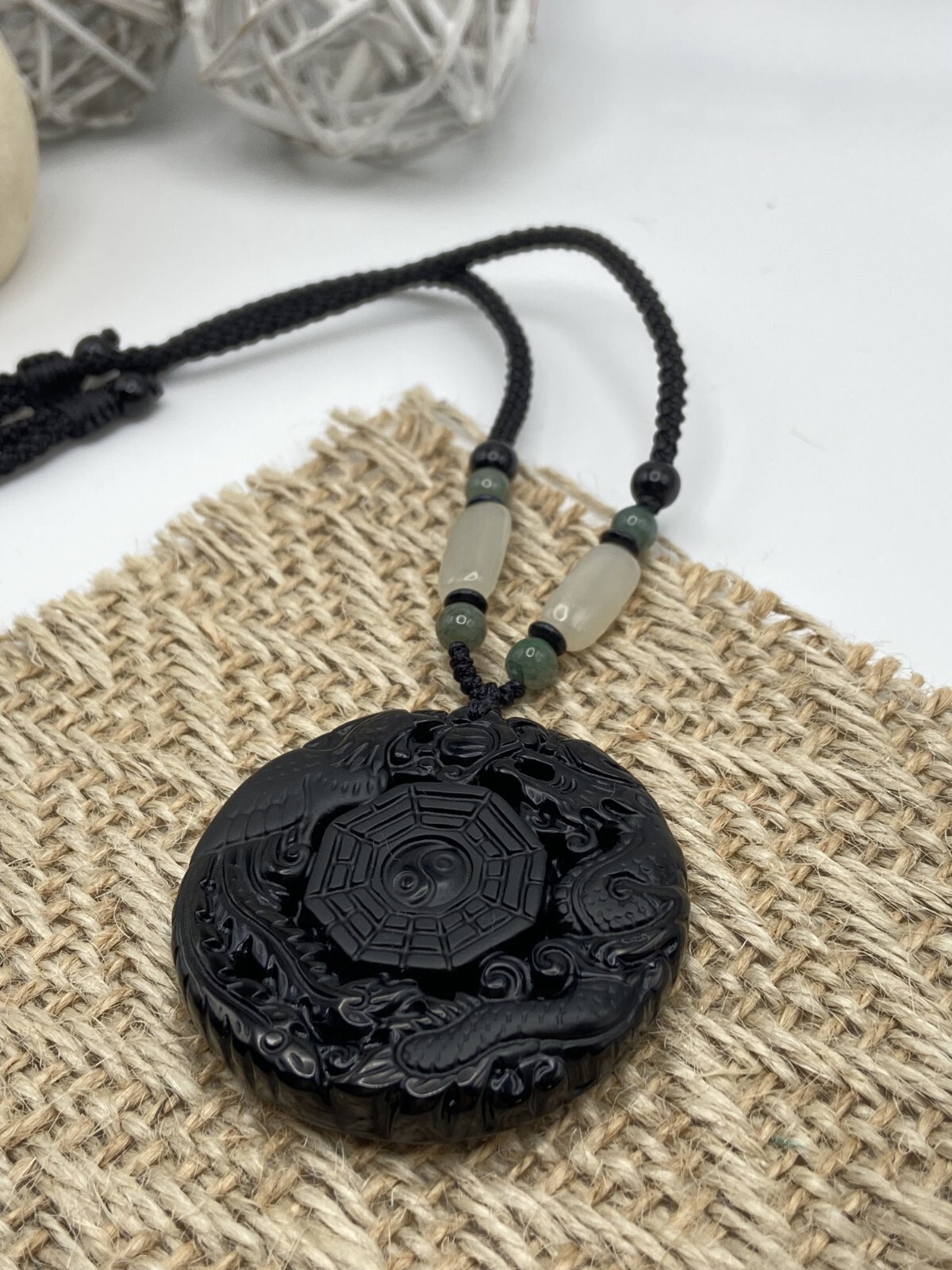 Jade Obsidian Dragon Charm Pendant Necklace Beads Cord Handmade Tai Chi diagram