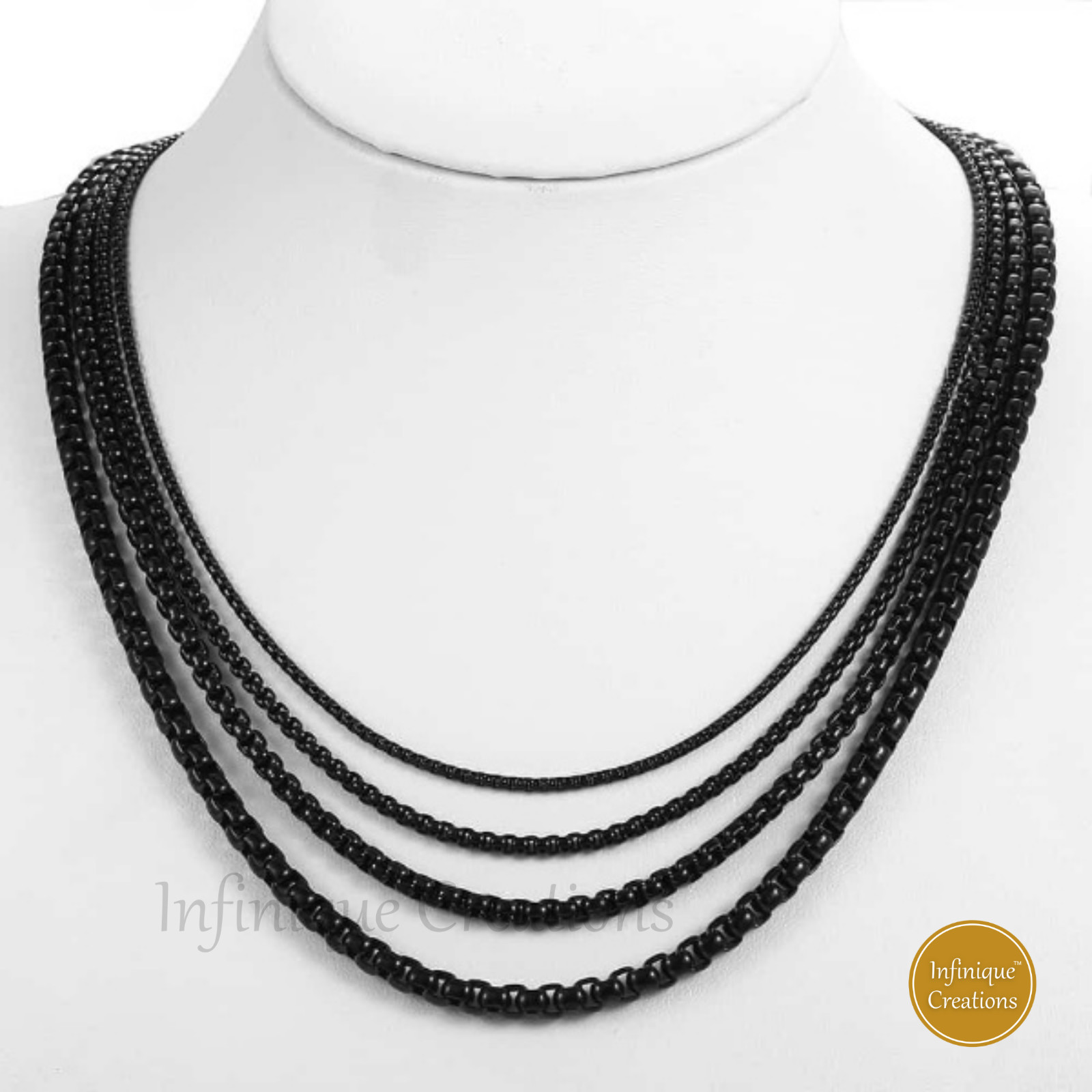 18k IP Black Plated Stainless Steel Round Box Chain Bracelet Necklace 7-38″