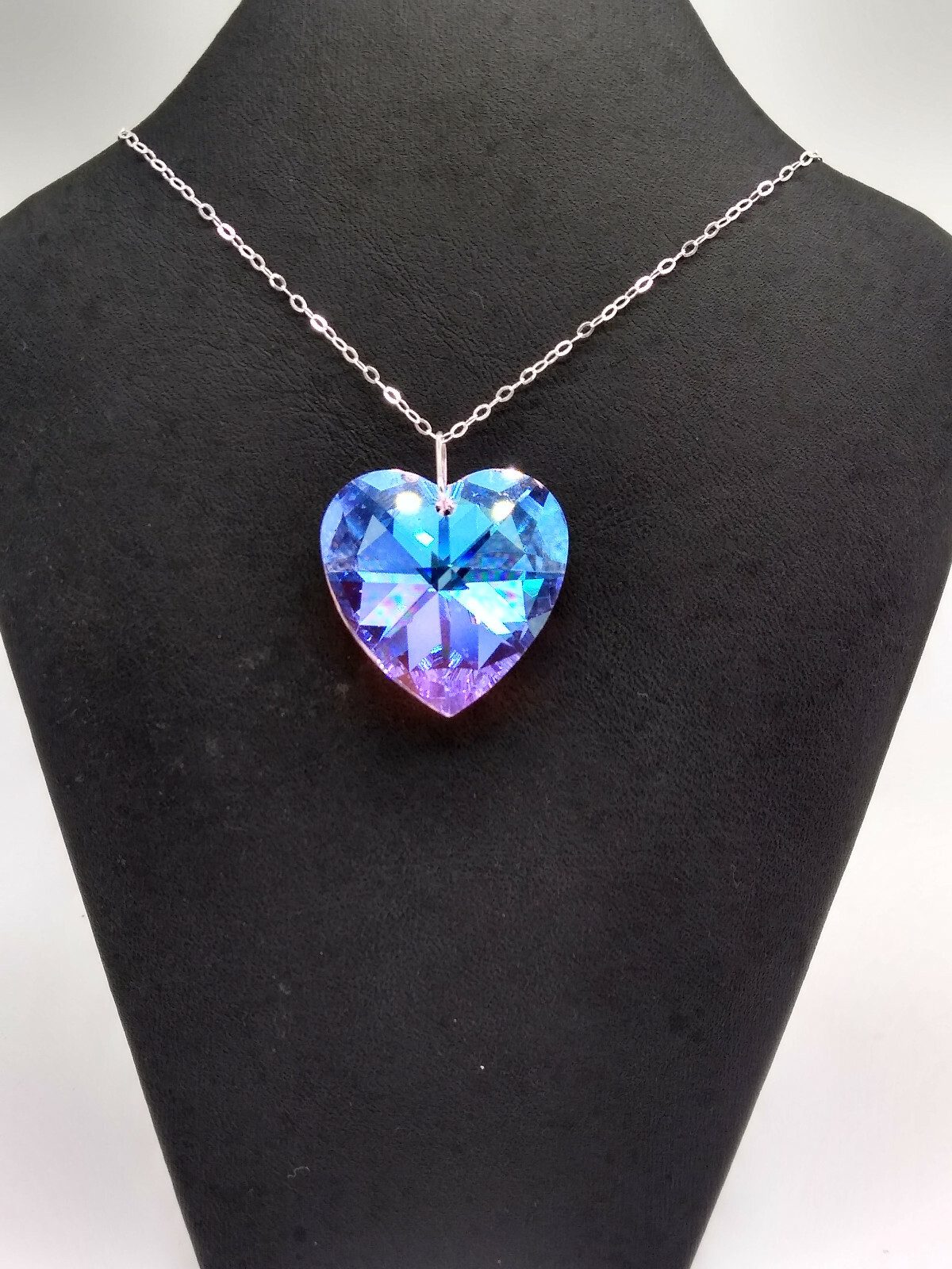 Made w/ Sterling Silver Swarovski Crystal Rosaline Blue AB 28mm Heart Necklace