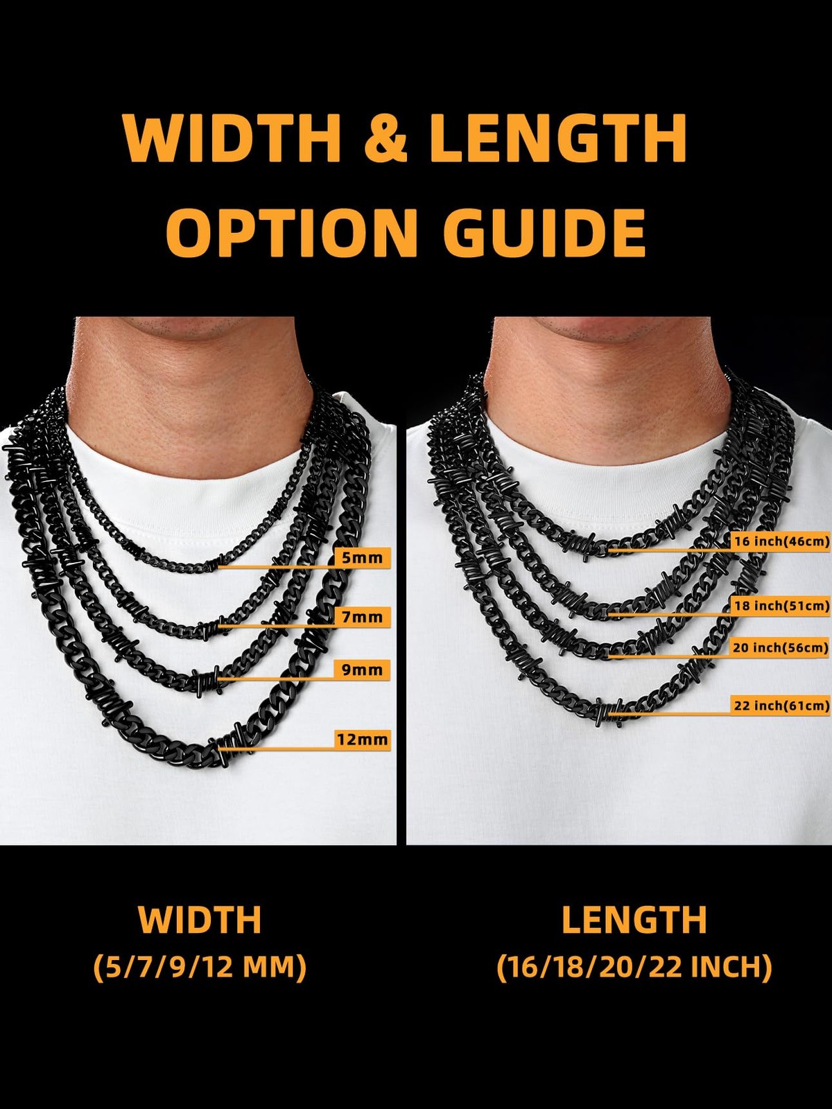 Cool Men Black Barbed Wire Necklace 7mm Thick Heavy Stainless Steel Chain Bla…