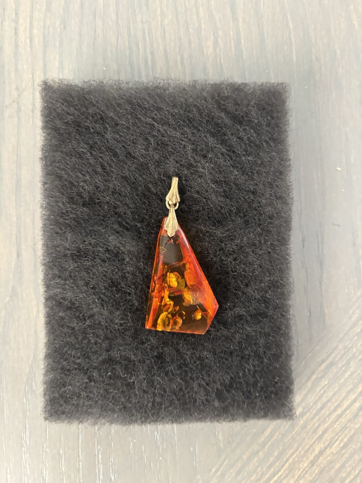 Vintage Amber Trillion Shape Pendant Yellow Brown Main Stone w/10 karat Bale