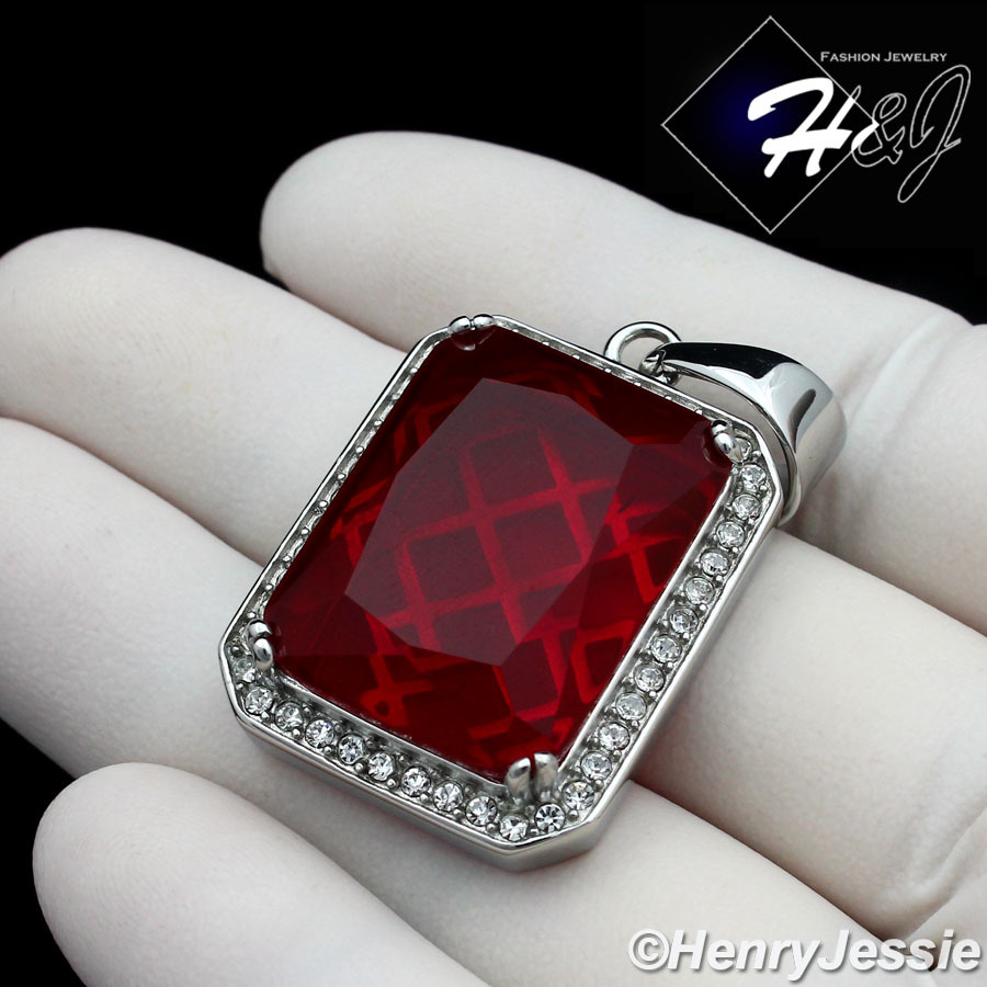 MEN’s Stainless Steel Silver Simulated Ruby Charm Pendant*SP103