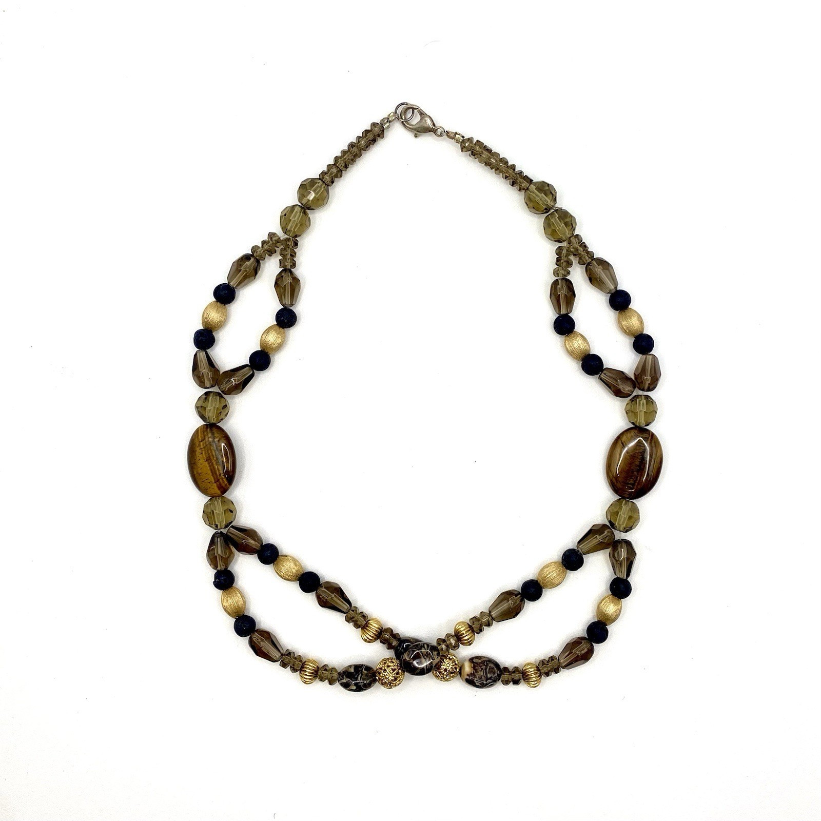 Vintage Double Strand Tiger Eye Lava Rock Agate Brown Necklace Gold Tone Beads