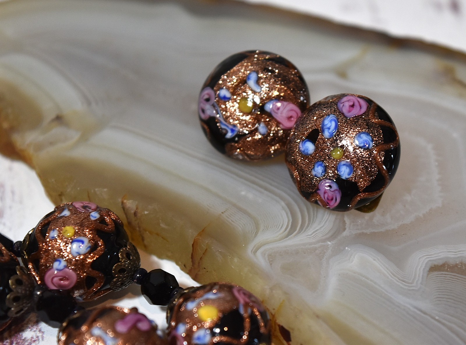 Vtg 2 Strand Venetian Murano Black Wedding Cake Glass Beaded Necklace Earrings