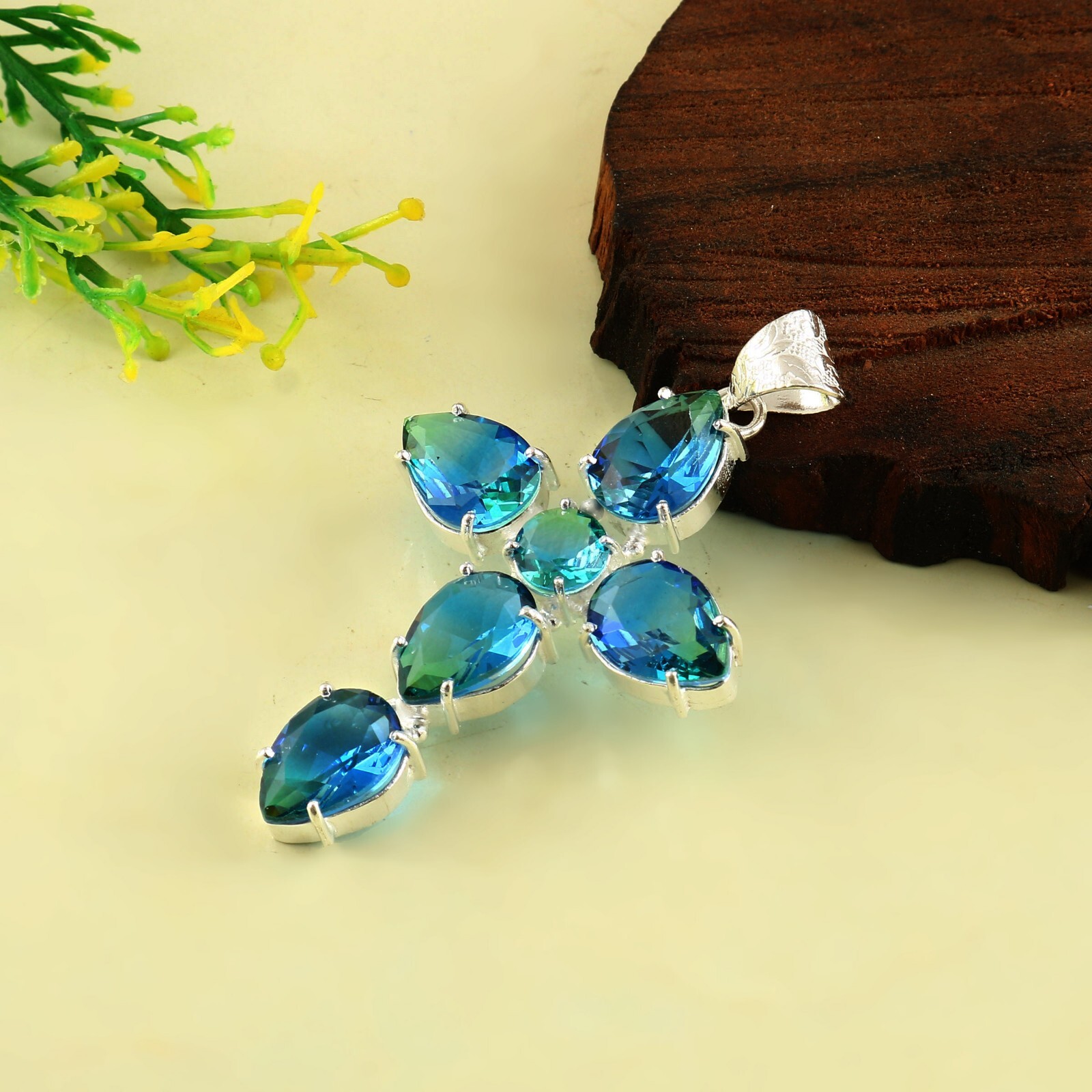 Bi Color Quartz Gemstone Silver Plated Handmade Cross Pendent Jewelry 2″