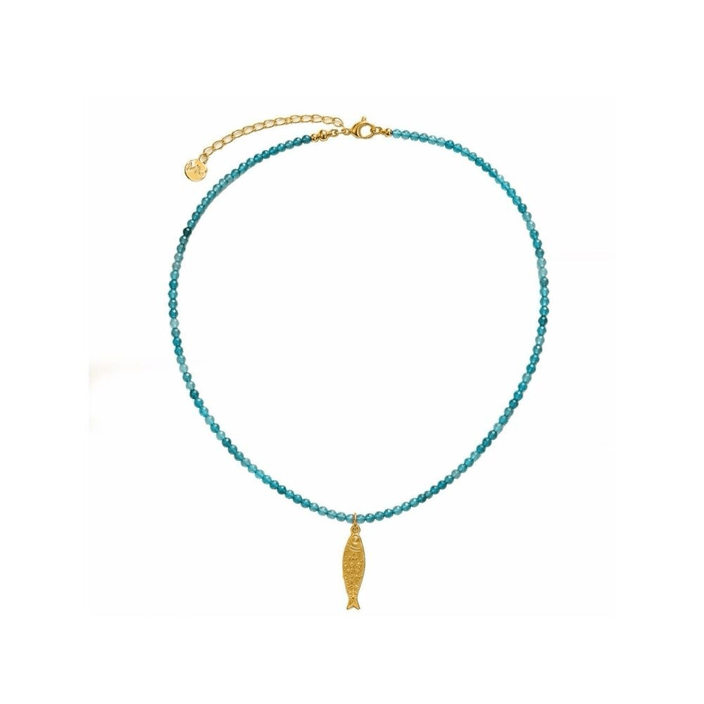 Gold Fish Pendant on genuine Blue Agate Beaded Necklace – 24k gold plated