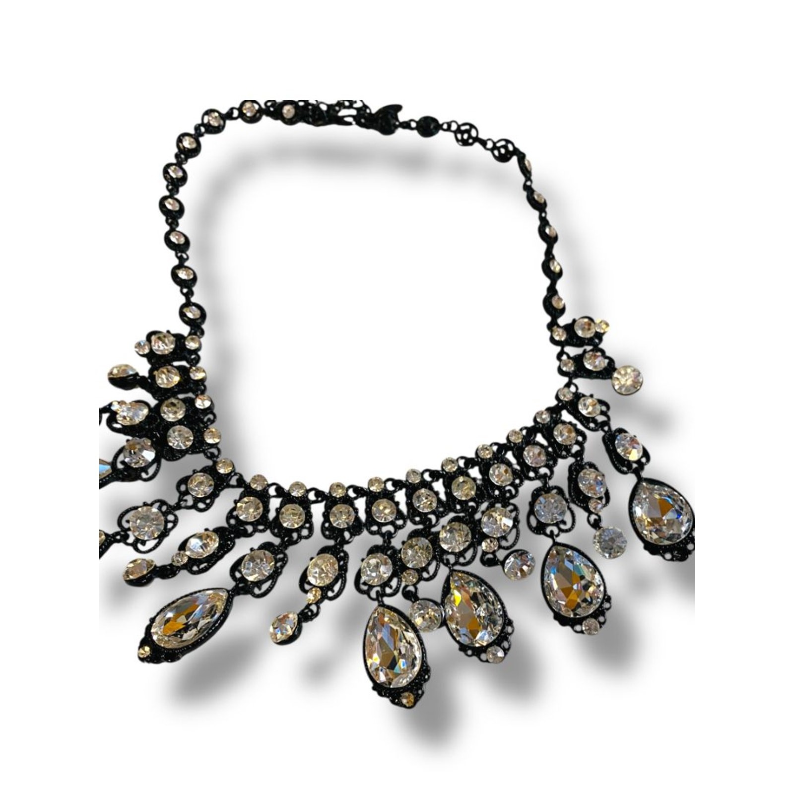 Natasha Bib Necklace Black Chain Clear Beads Sparkly 16-19″