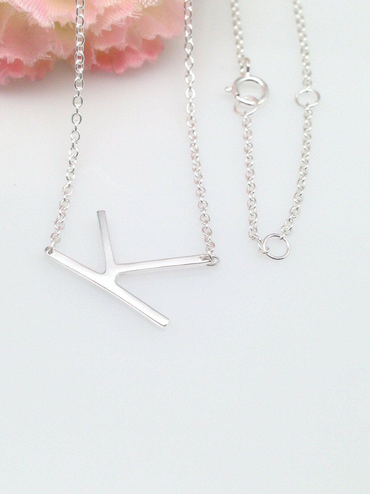 925 Sterling Silver Sideways Initial Letter K Pendant Necklace Women 15mm 17.25″
