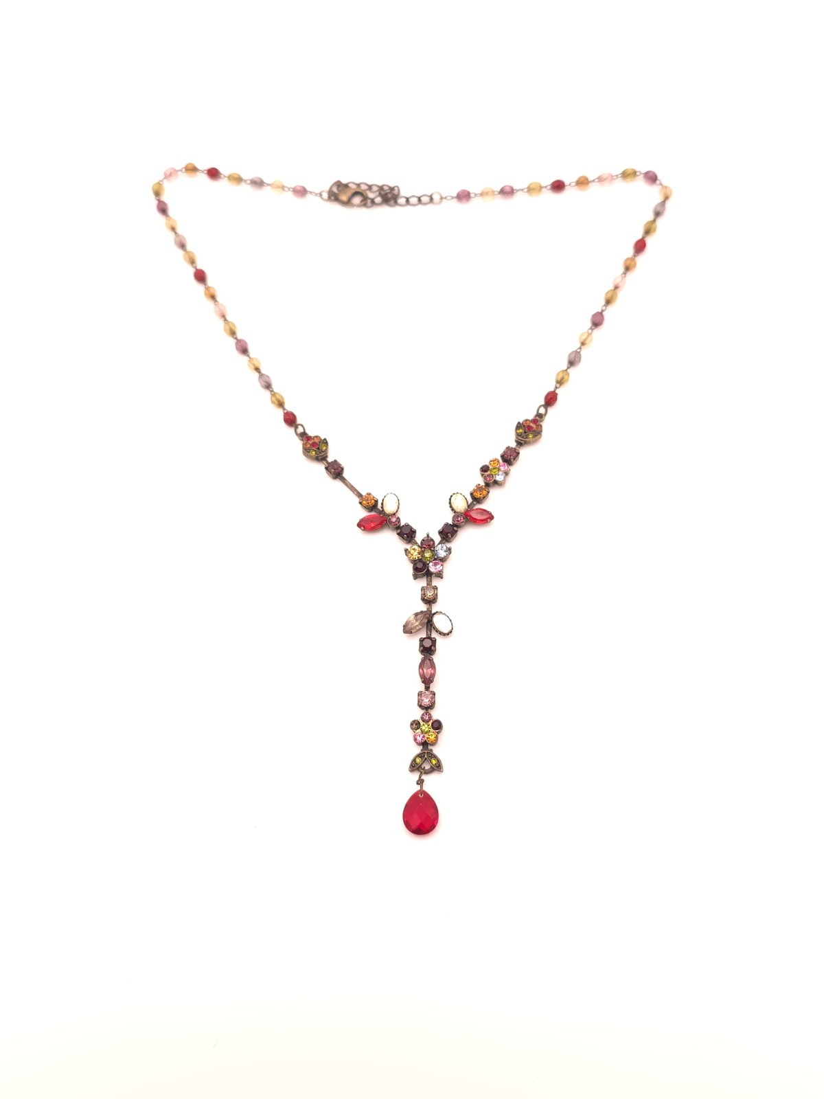 Vintage Multicolor Beaded Y-Drop Necklace Red Teardrop Crystal Floral Drop