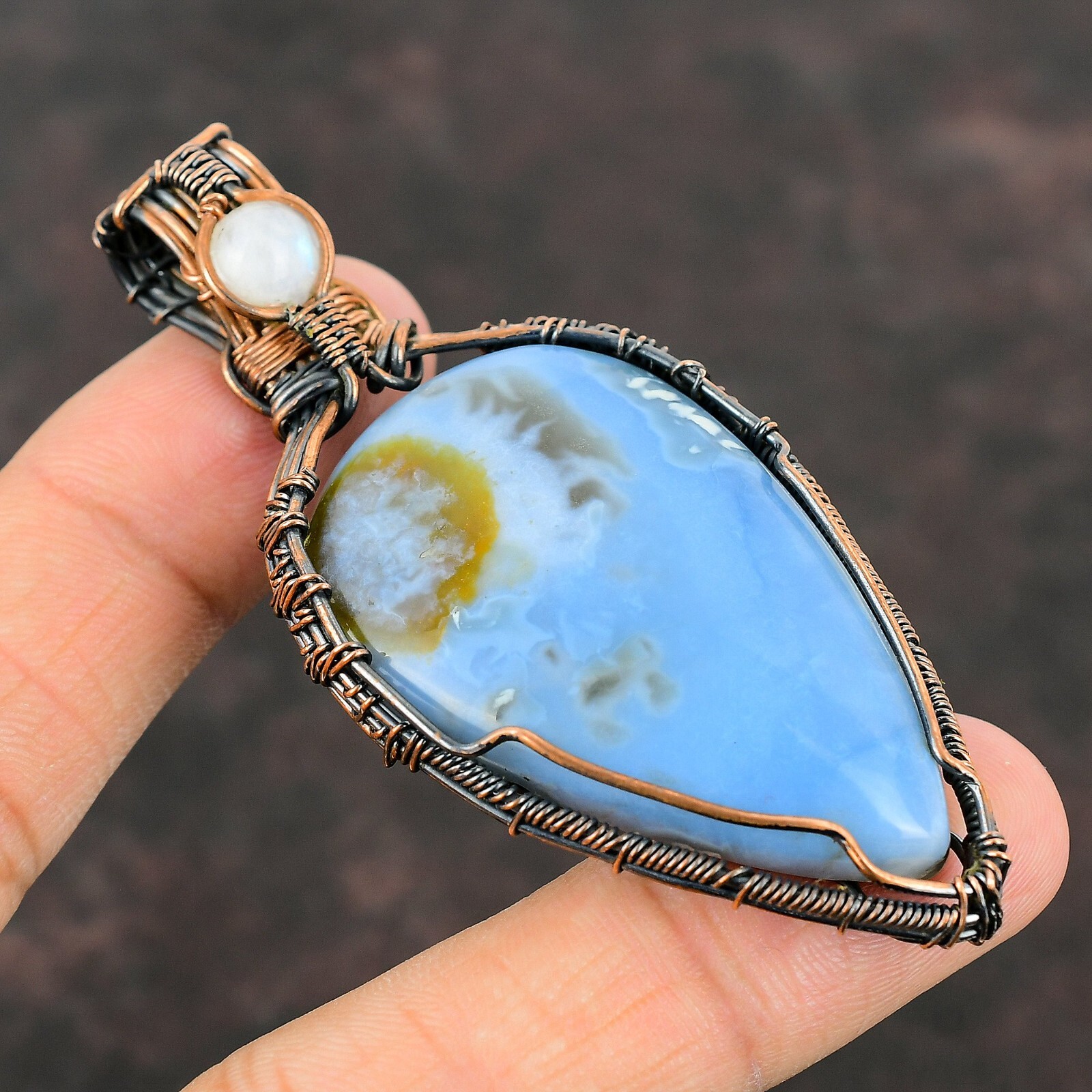 Natural Owyhee Blue Opal Gemstone Pendant Wire Wrapped Unknown Copper Jewelry