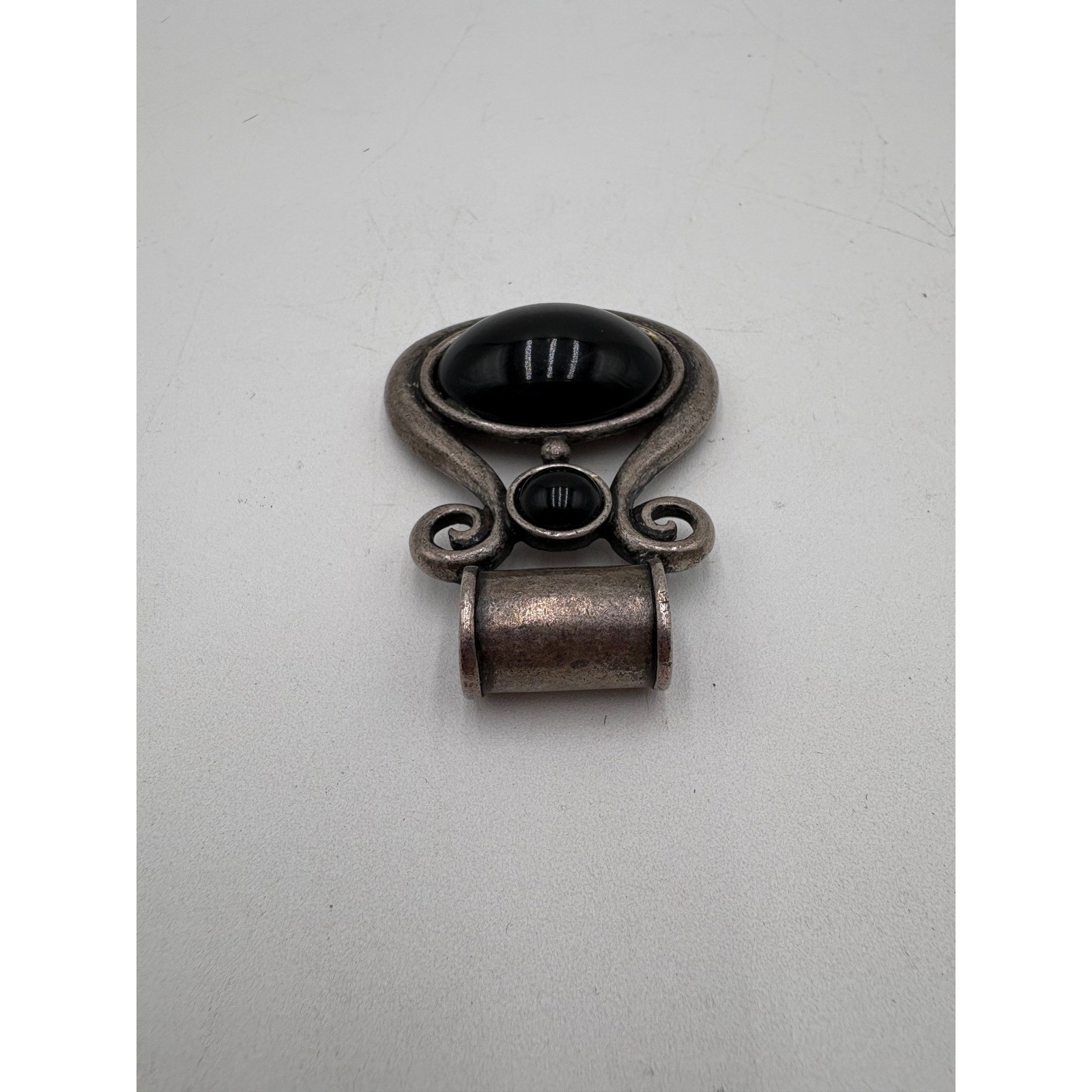 Vintage Silver Tone Black Cabochon Scroll Statement Pendant Large Bail Boho