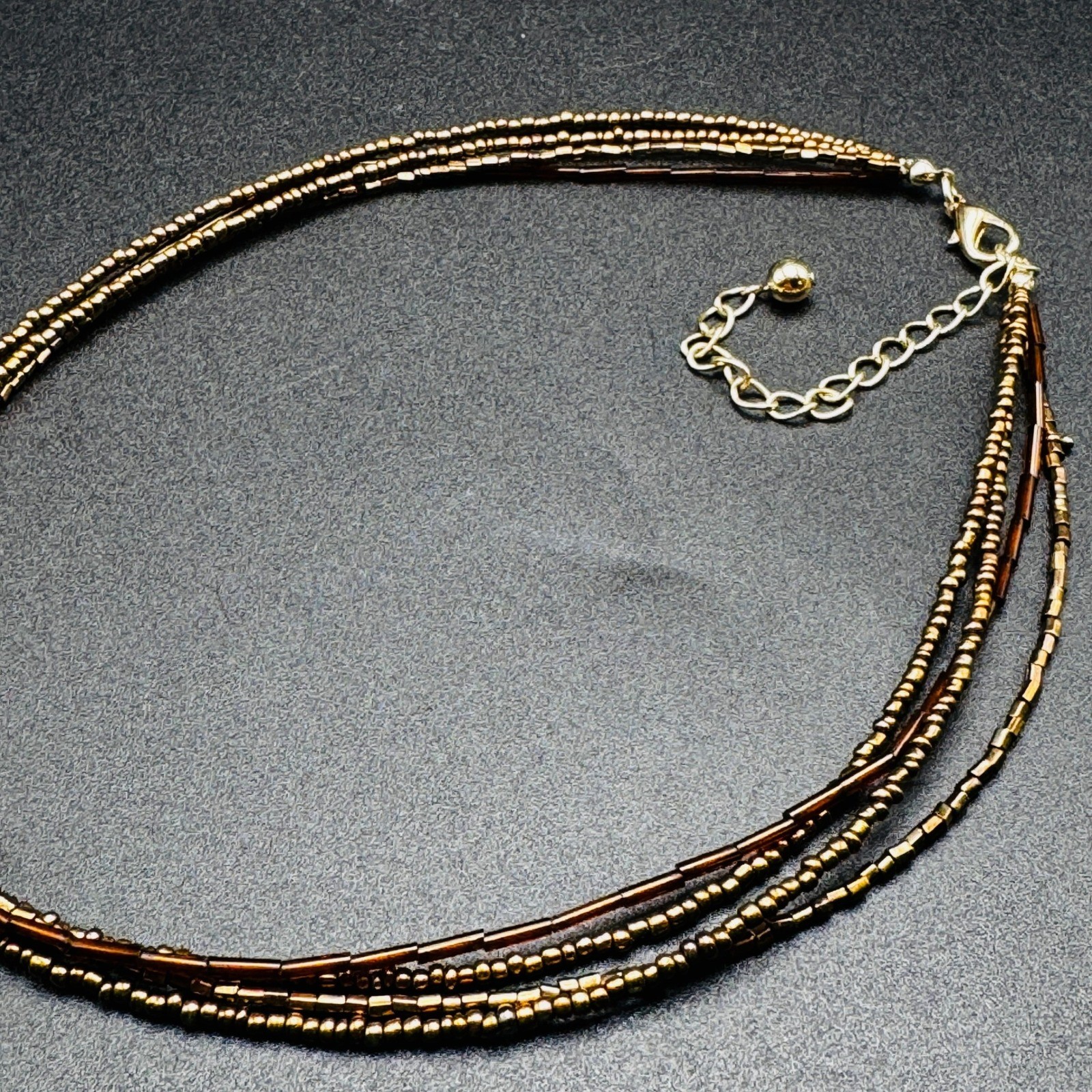 Brown Cats Eye Pendant Multi Strand Seed Bead Necklace Bronze Gold Boho Bohemian