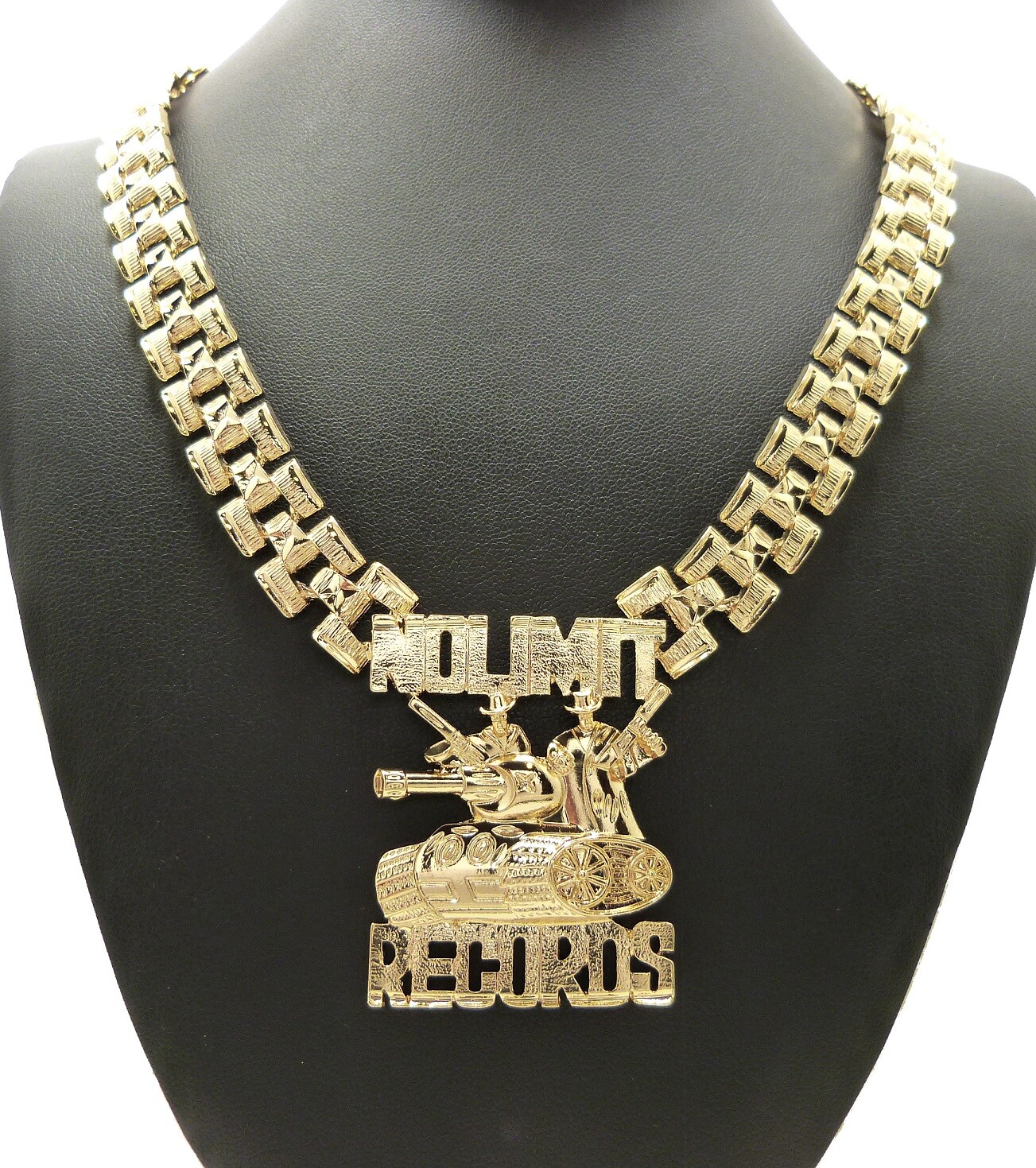 Hip Hop Icy Gold PT No Limit Records Tank Pendant & 13mm 20″ Tank Chain Necklace