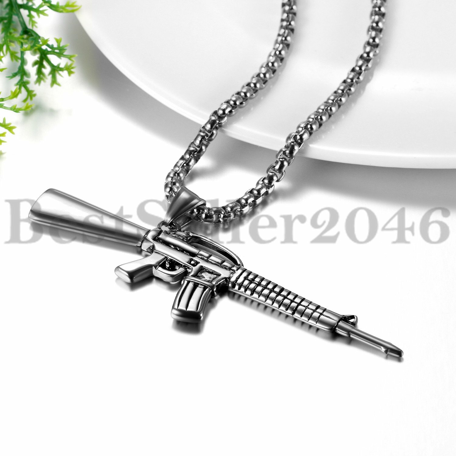 Mens Boys Stainless Steel Rifle Gun Military Army Jewelry Pendant Necklace 22″