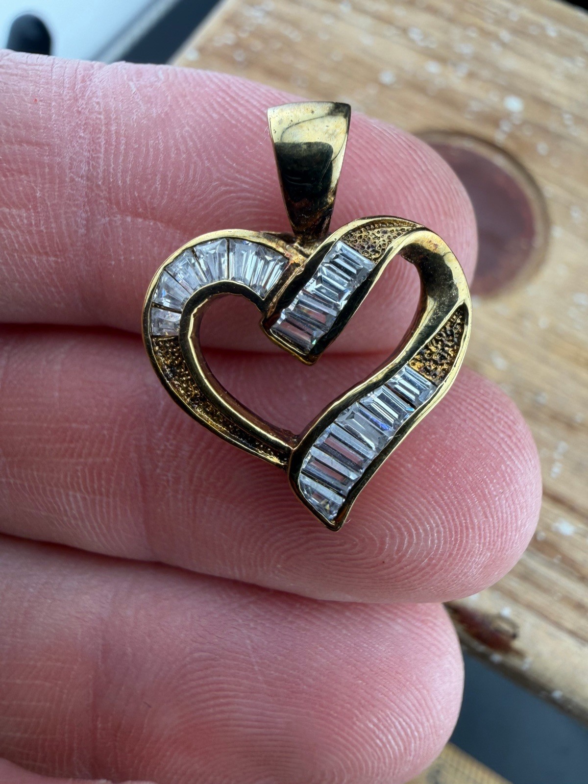Modern Clear Cz Baguette Heart Pendant for Necklace Gold over Sterling Silver