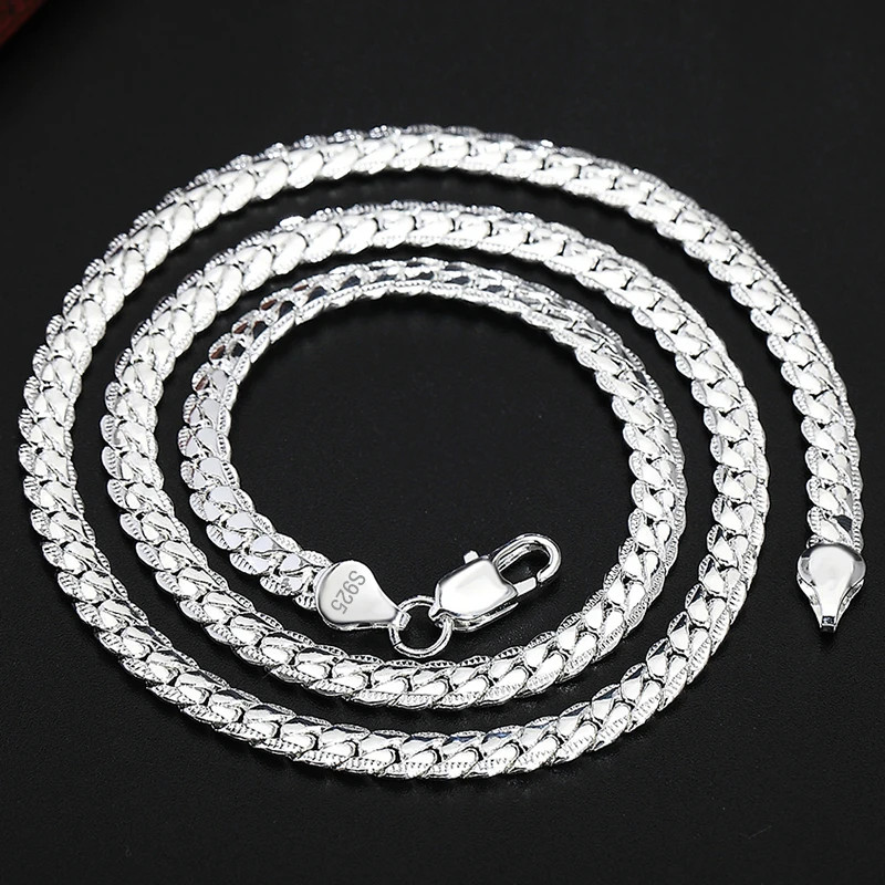 Sterling Silver Chain Necklace 925 6mm Side Chain 8-24in Link Women Jewelry