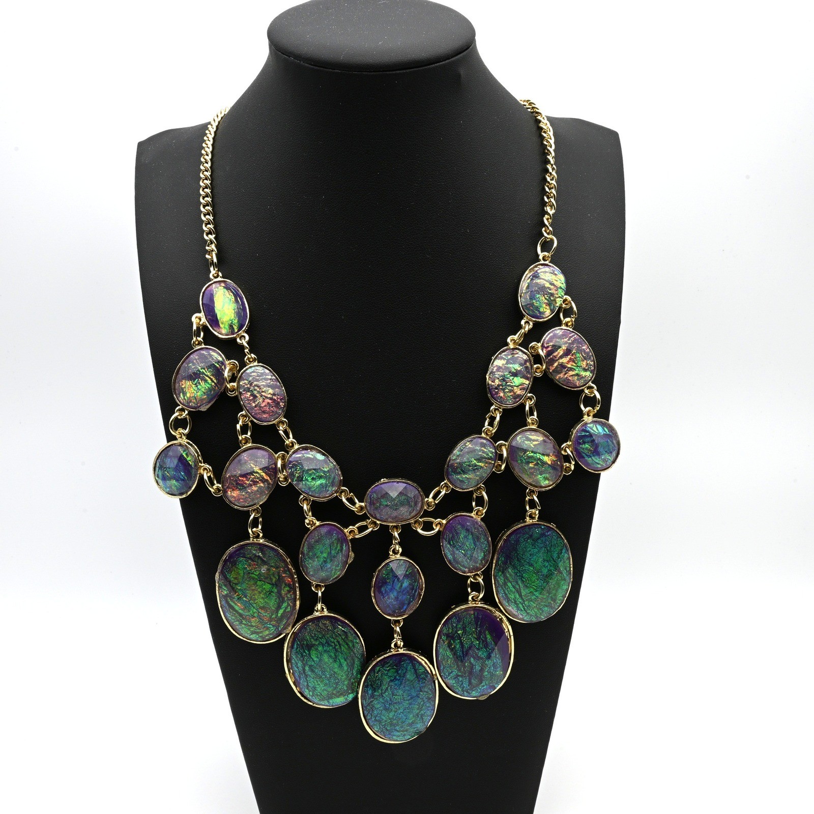 Iridescent Statement Bib Necklace Gold Tone Purple Green Foil Oval Drop Fringe