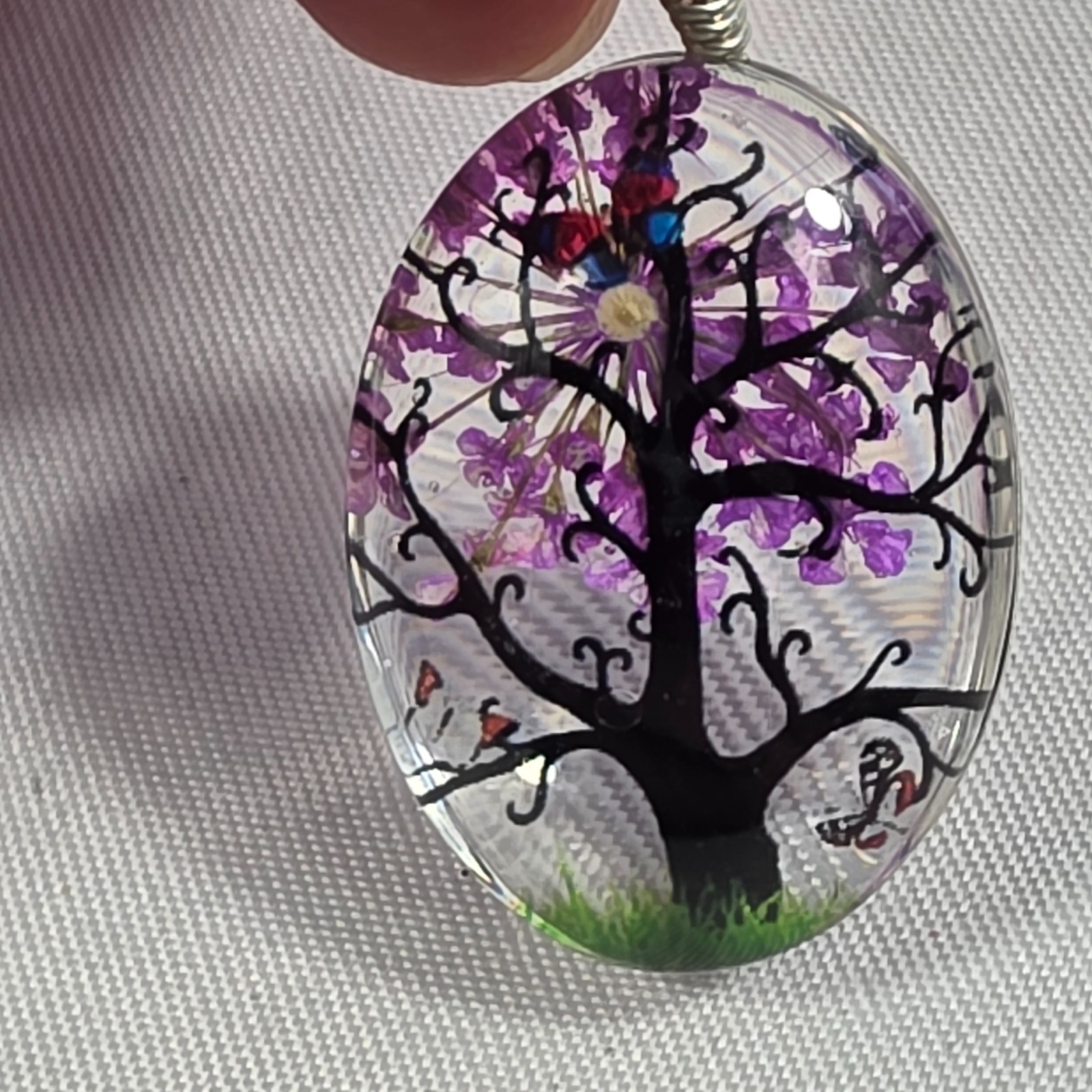 Tree of Life Resin Oval Pendant Dried Purple Flowers Butterflies, Tree & Grass
