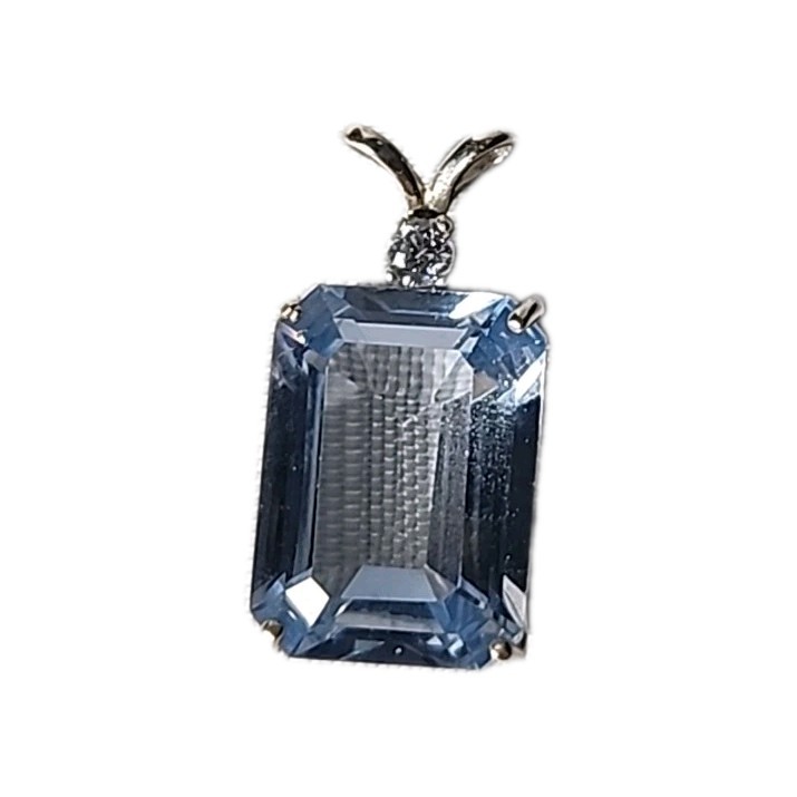 Stering Silver & Emerald Cut Simulated Aquamarine & Diamond CZ Pendant 3.7 grams