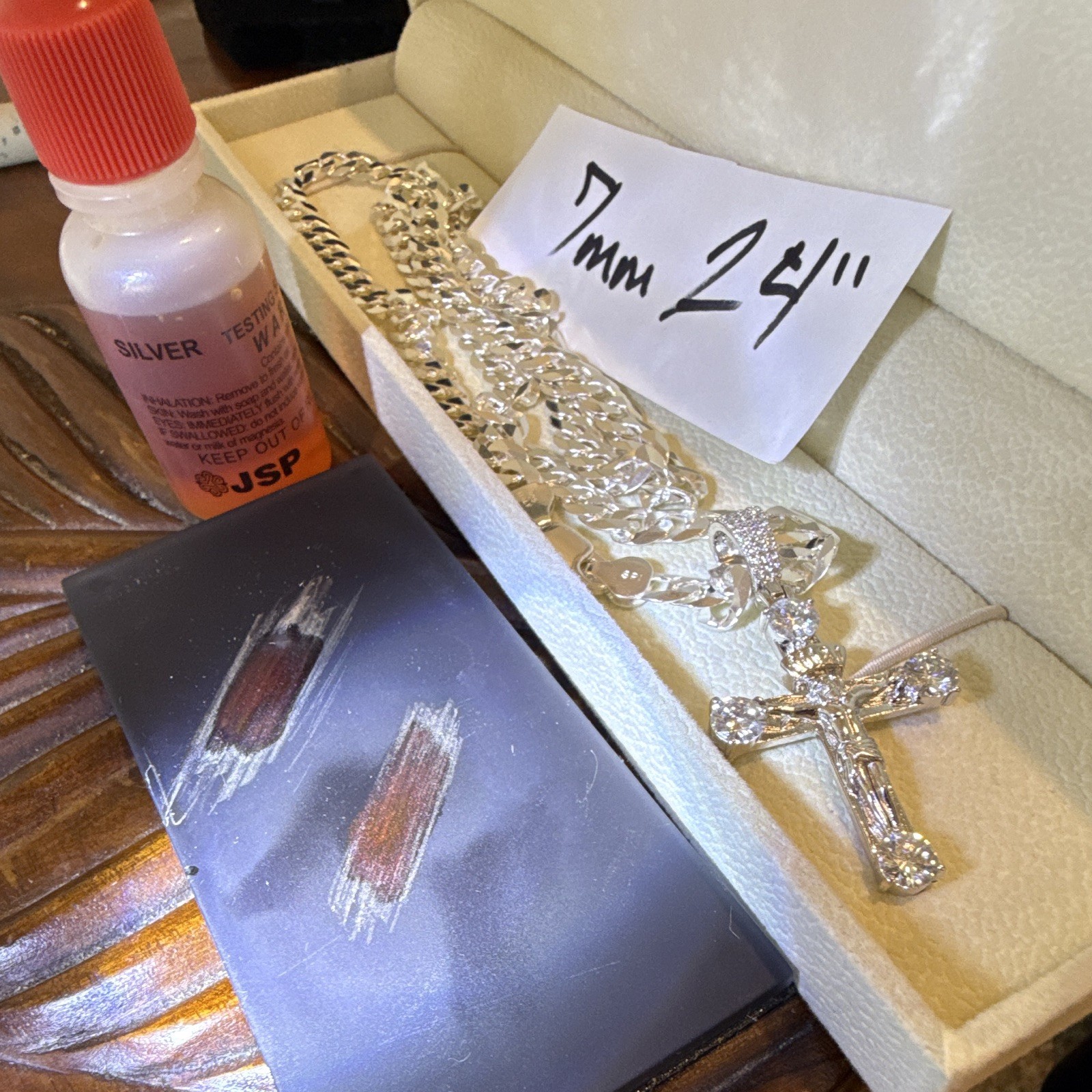 7mm 24in SOLID 925 (41g) Cuban Link Chain w Moissanite Jesus Cross Pendant 4CTW