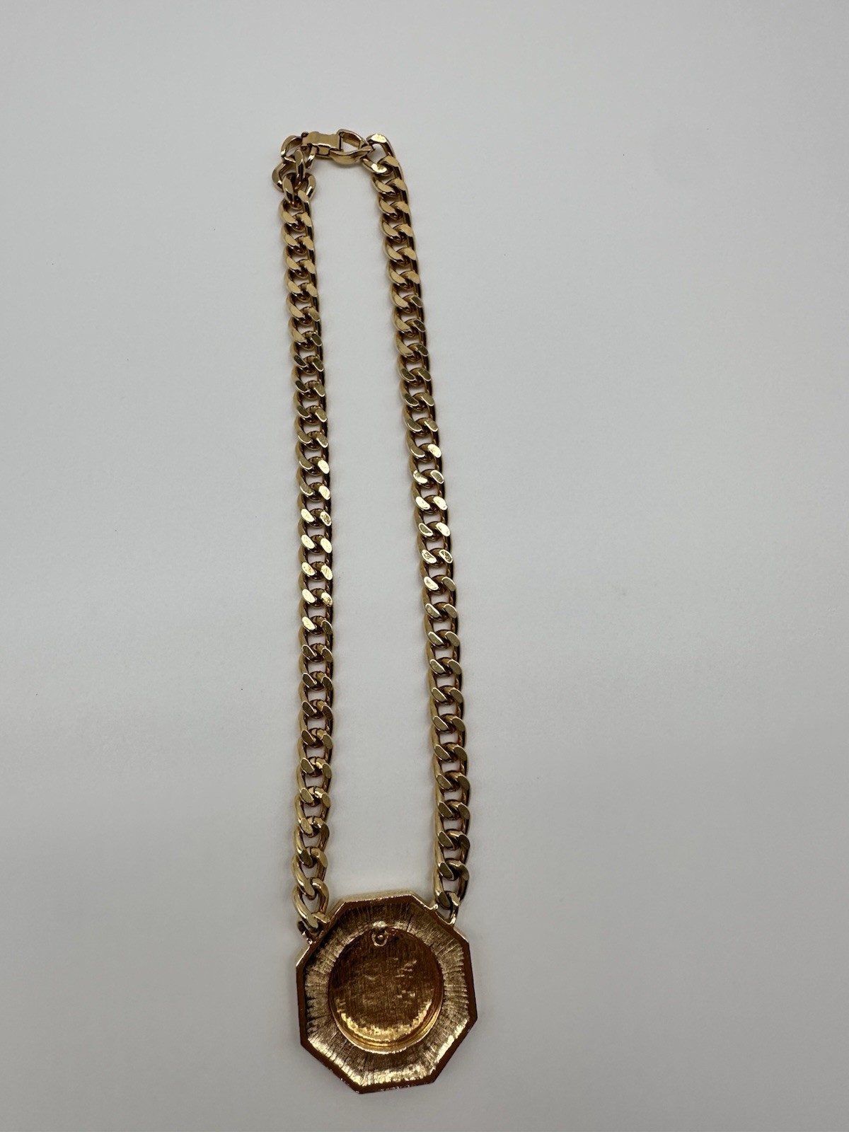 Gold Tone Miami Curb Chain/Crystal Accents/Roman French Emp. Faux Coin Pendant