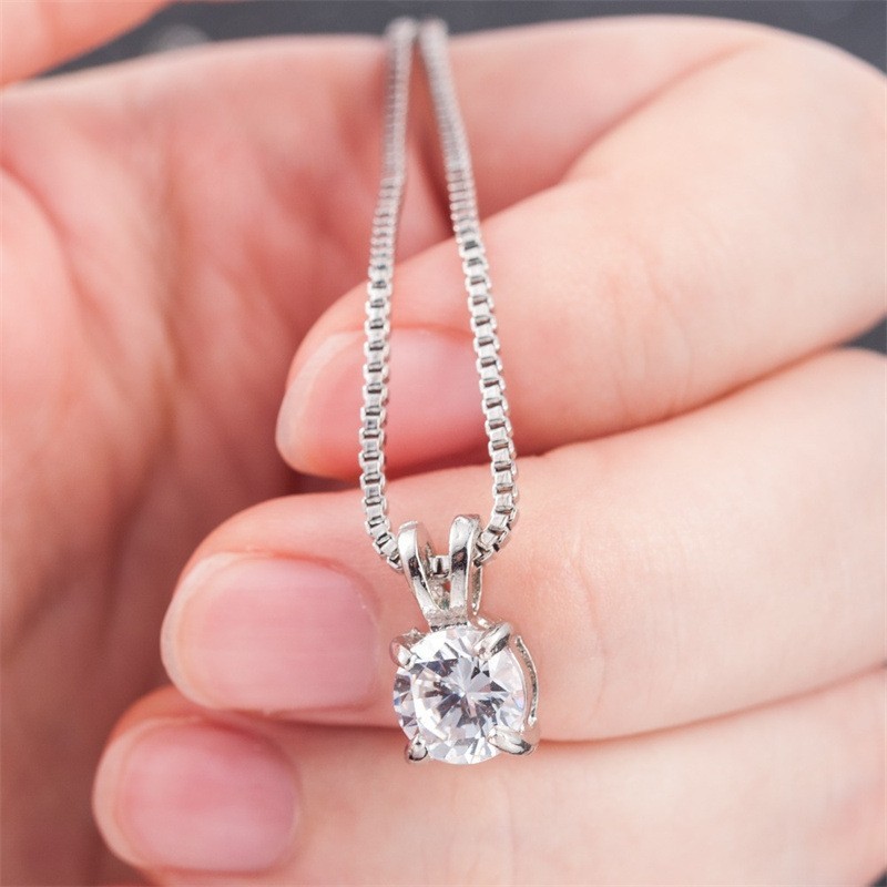 Women’s 4‑Prong Single CZ Pendant Necklace Silver Plated Square Box Chain Choker